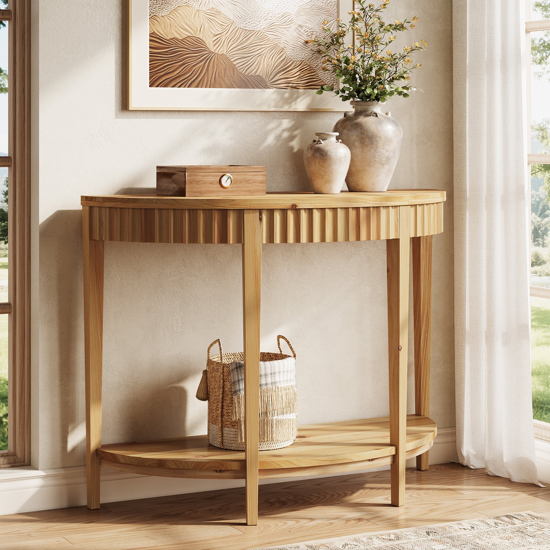 Solid Wood Console Table, Half Moon Entryway Table with 2-Tier Shelf