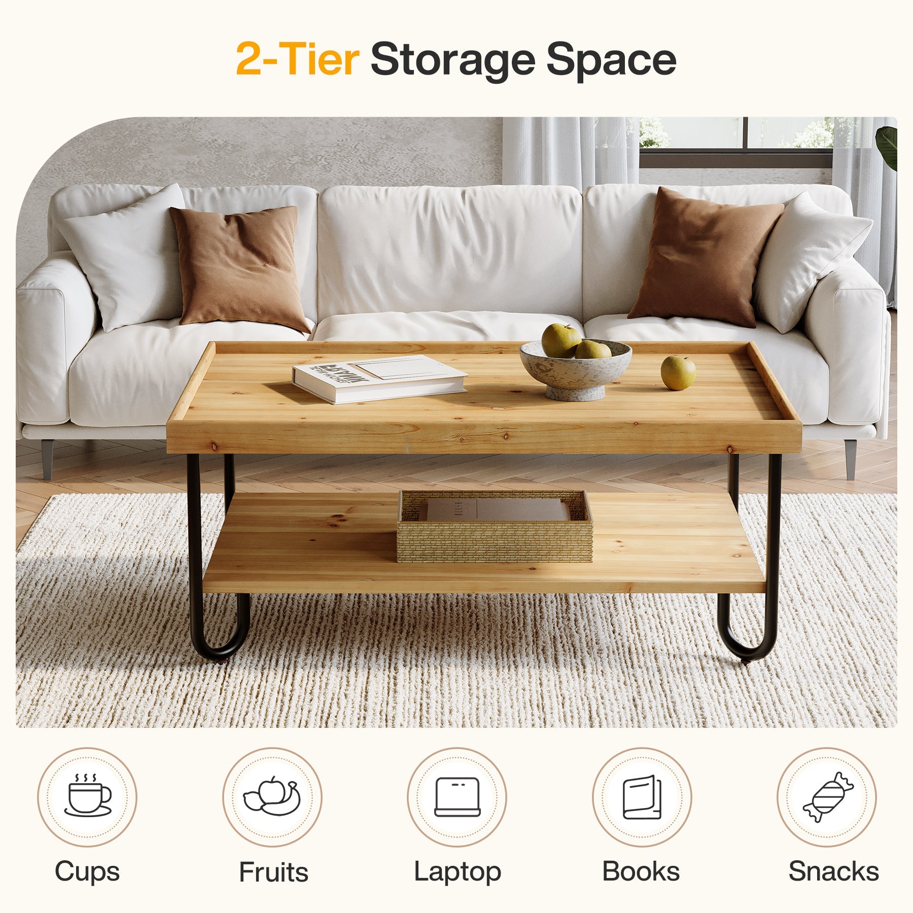 Solid Wood Coffee Table, 2-Tier Rectangular Center Table with Curved Metal Legs