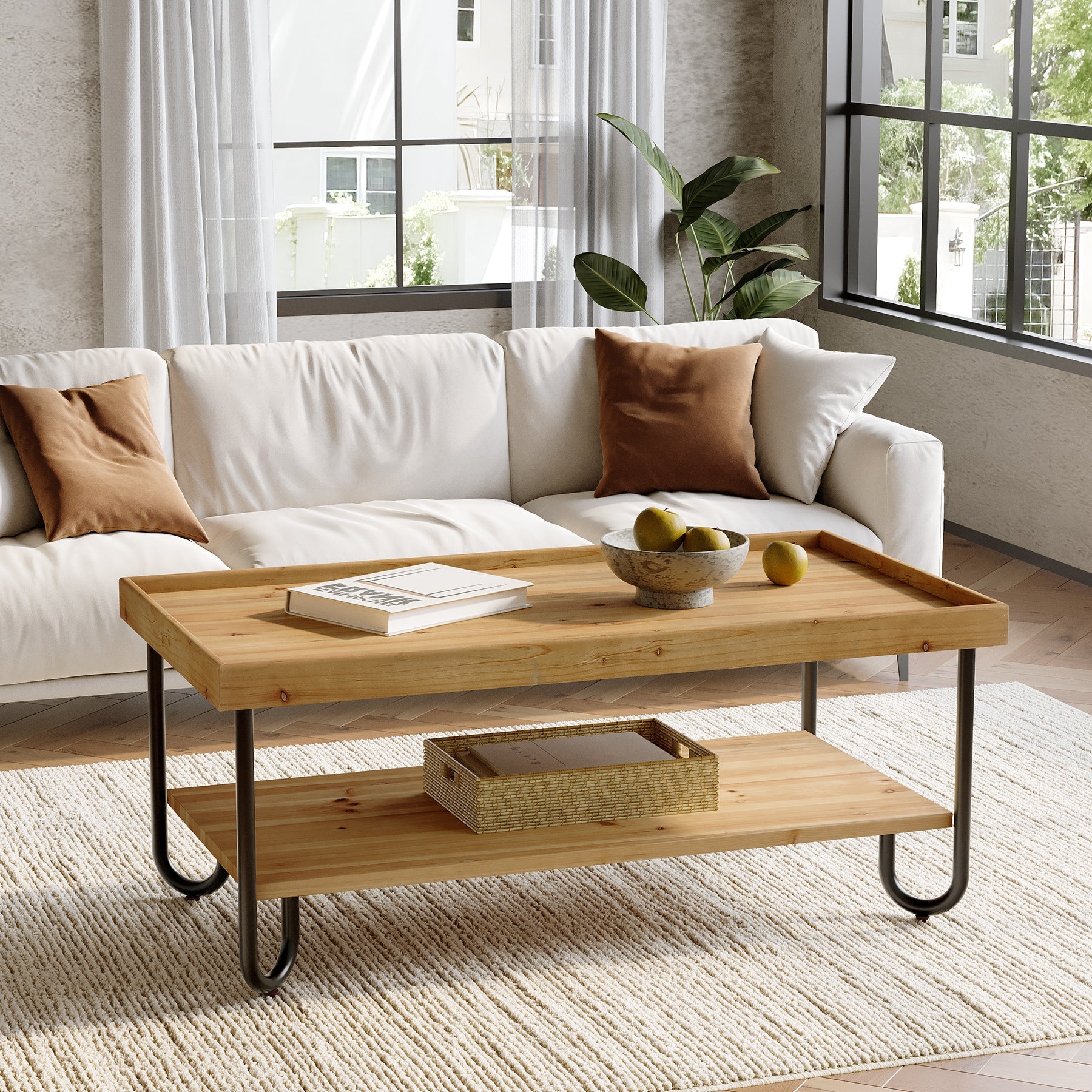 Solid Wood Coffee Table, 2-Tier Rectangular Center Table with Curved Metal Legs