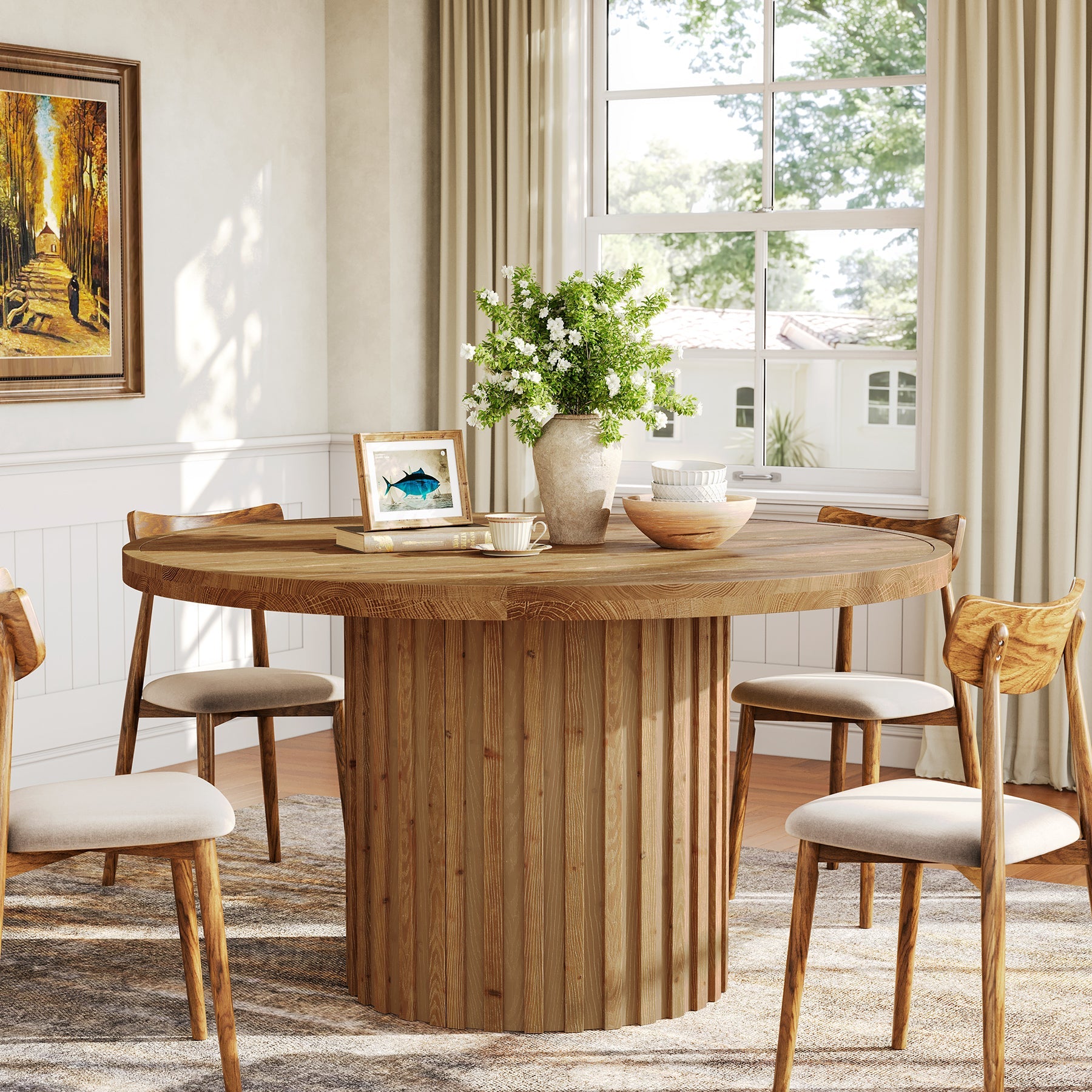 Round Solid Wood Dining Table for 4, 47" Kitchen Table with Fluted Pedestal Base