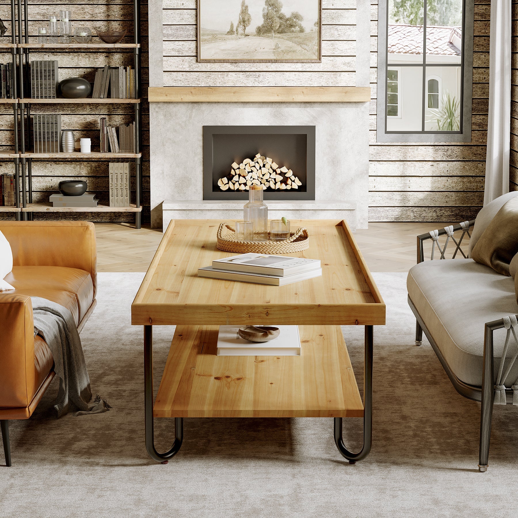 Solid Wood Coffee Table, 2-Tier Rectangular Center Table with Curved Metal Legs