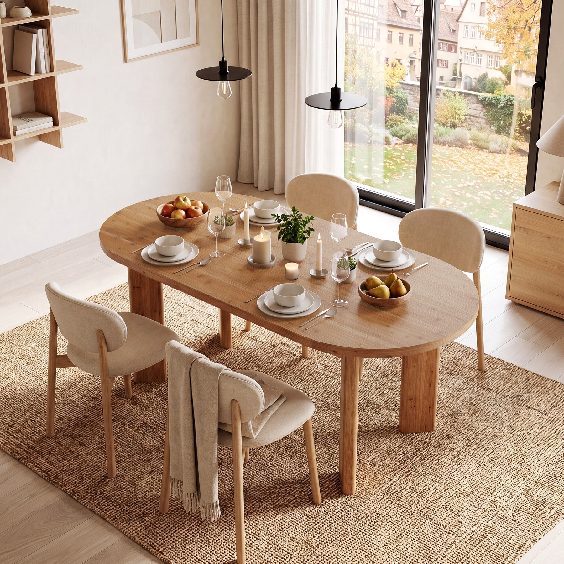 63" Oval Dining Table, Farmhouse Solid Wood Kitchen Table with Chunky Legs for 4-6 People