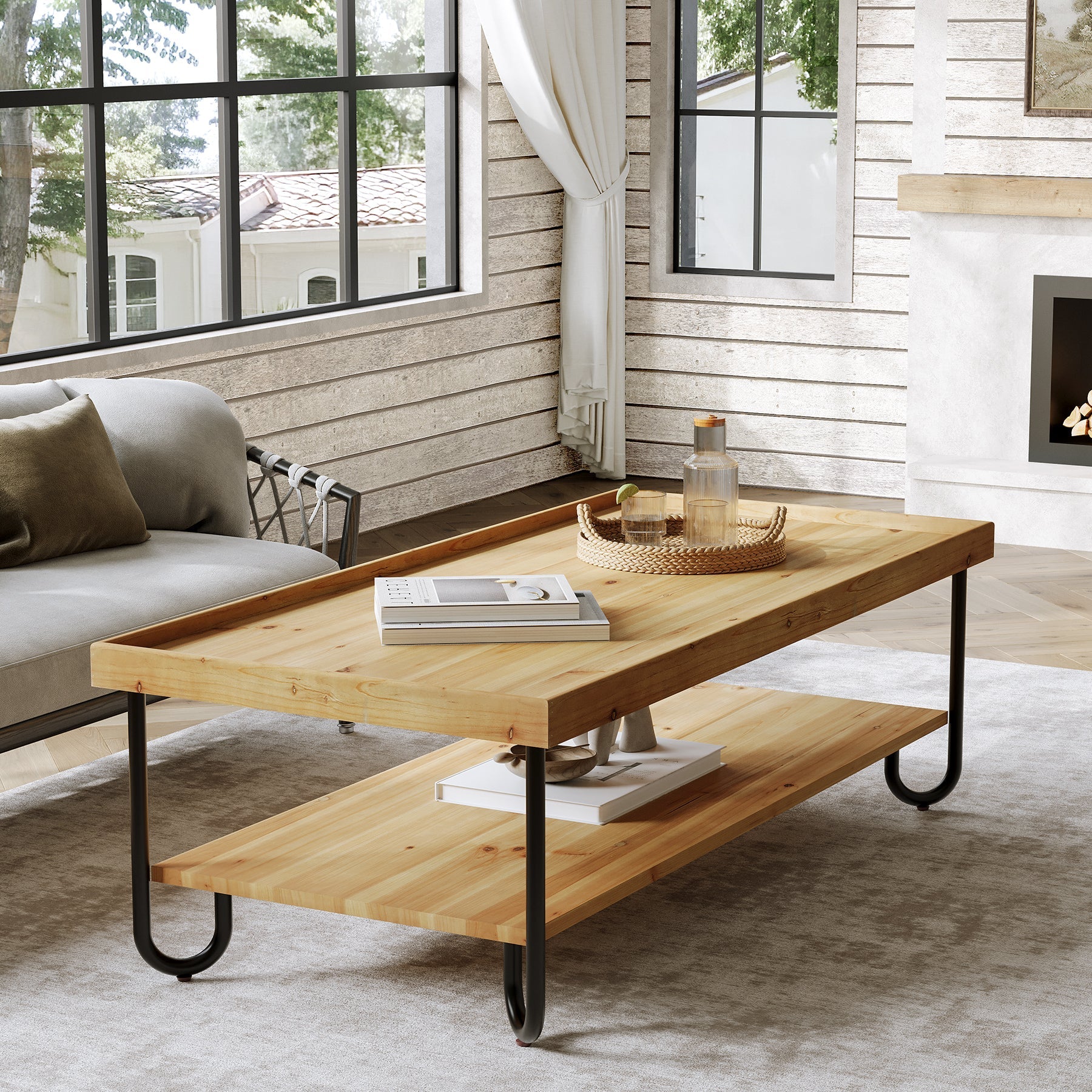 Solid Wood Coffee Table, 2-Tier Rectangular Center Table with Curved Metal Legs