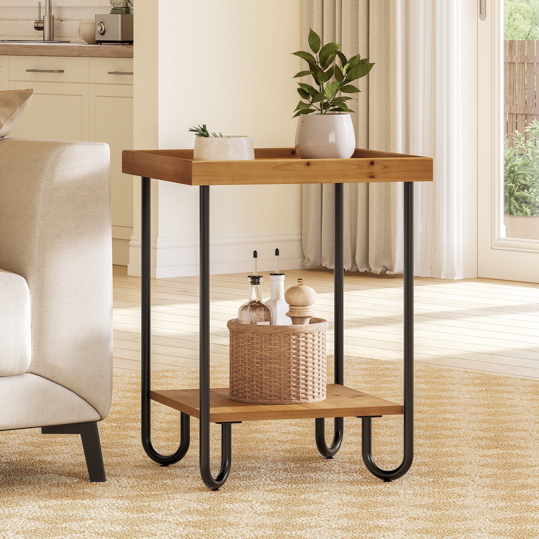 Solid Wood End Table, 2-Tier Side Table Nightstand with Storage Shelf