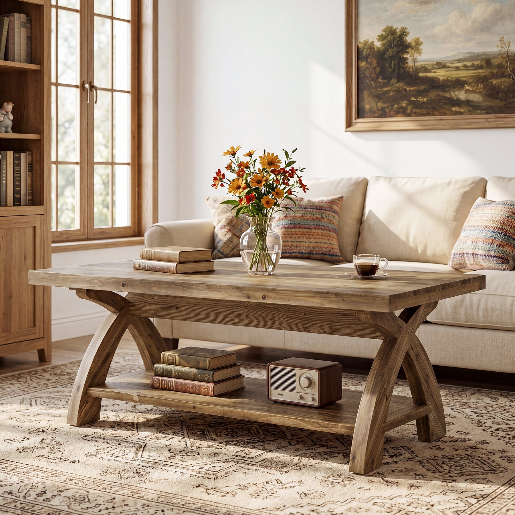 Tribesigns 47.24-Inch Solid Wood Coffee Table, X-Leg Center Table for Living Room