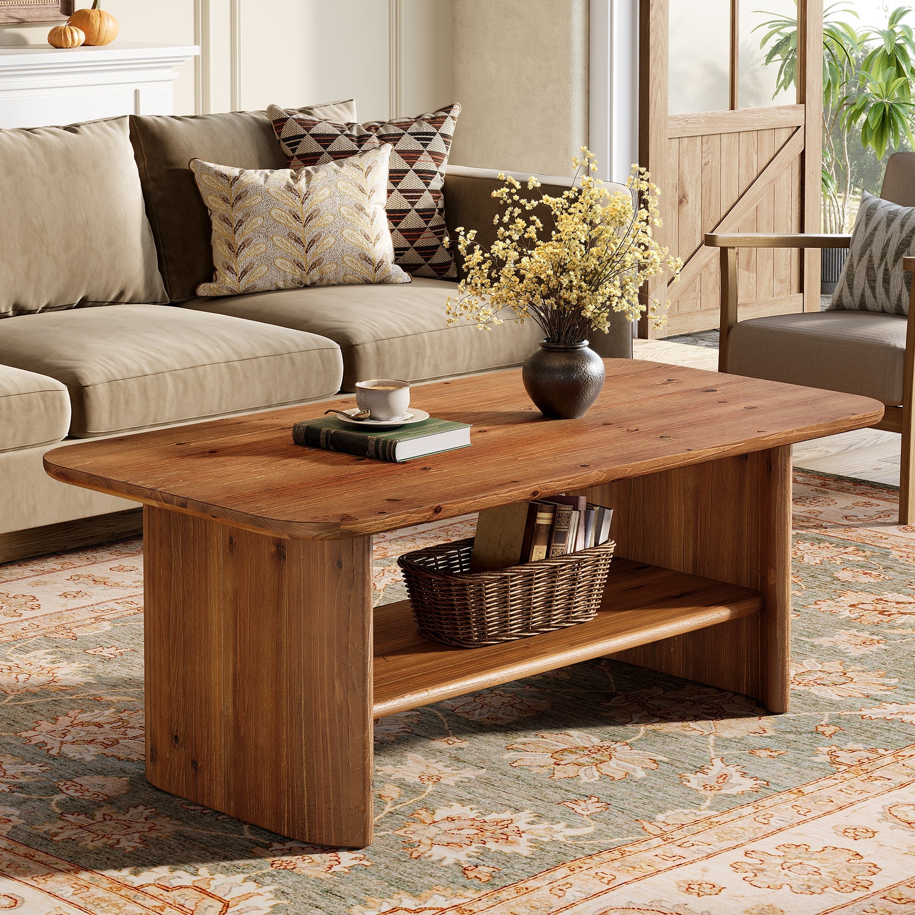 TRIBEWOOD 47.2" 2-Tier Solid Wood Coffee Table - Thumbnail 2