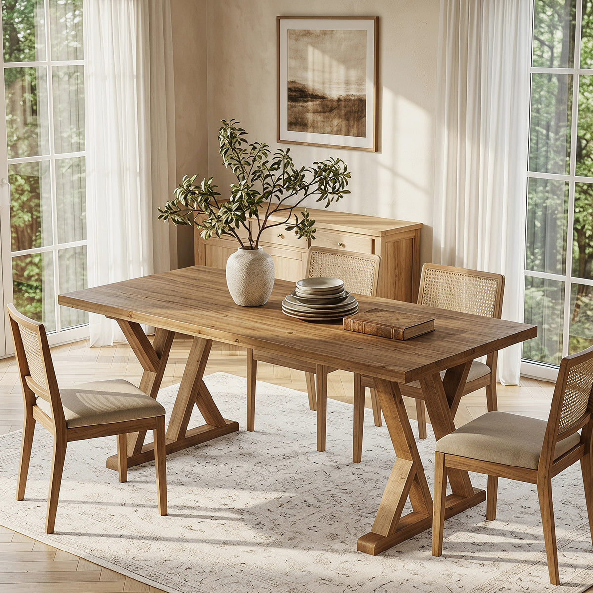 63" Wood Dining Table, Farmhouse Kitchen Dinner Table for 4-6 People