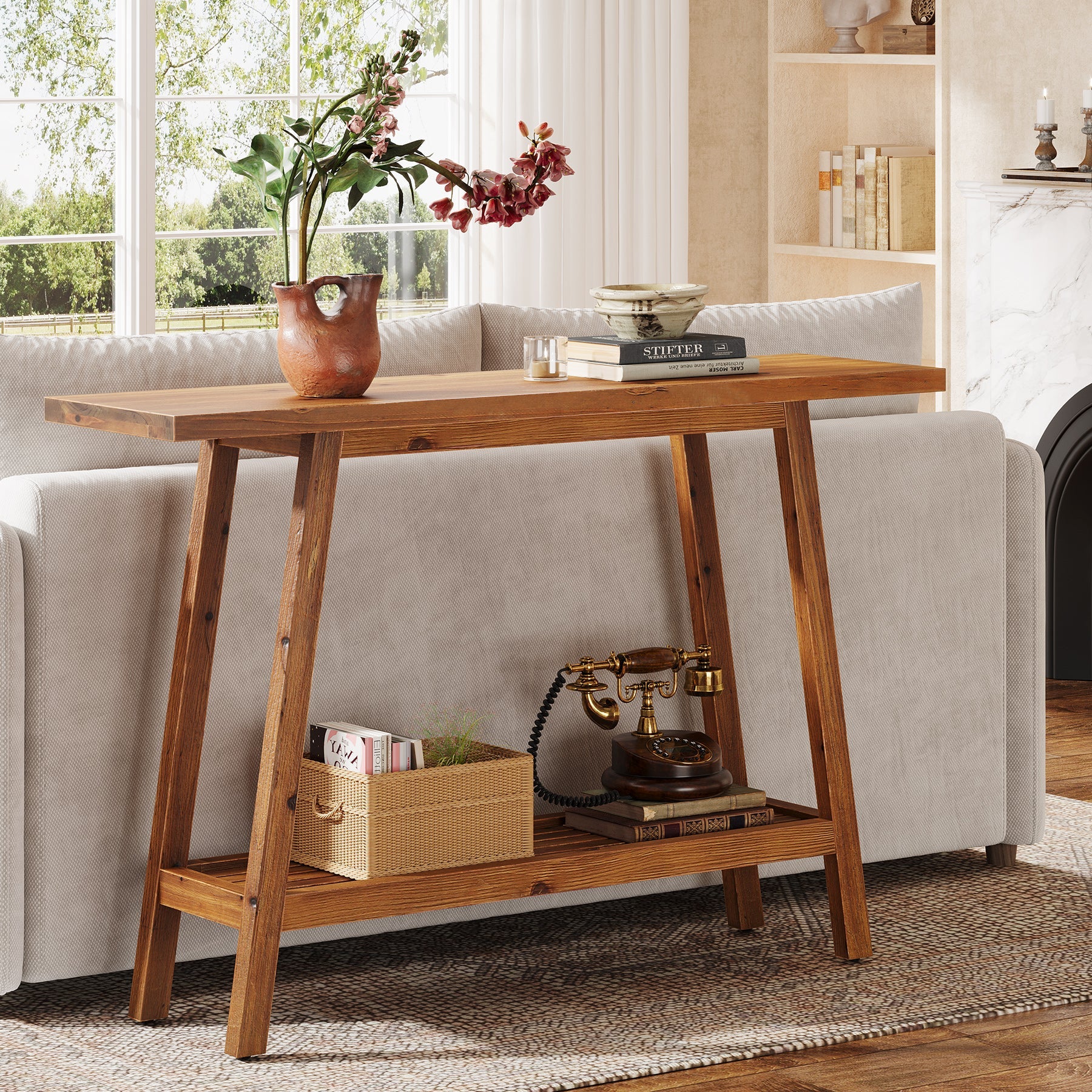 2-Tier Solid Wood Console Table, 41.3" Entryway Table with Storage Shelf
