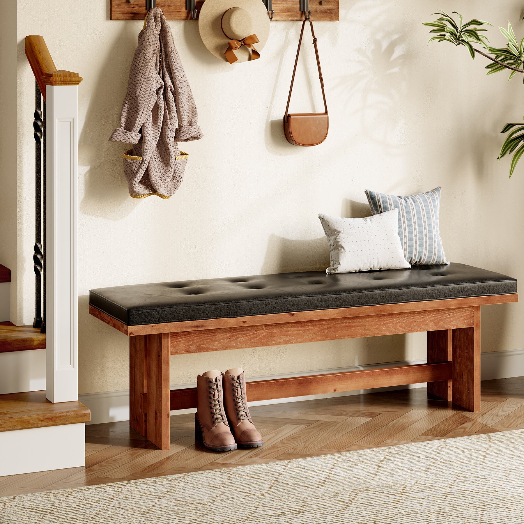 Solid Wood Shoe Bench with Cushion, 55" Upholstered Entryway Bench - Thumbnail 4