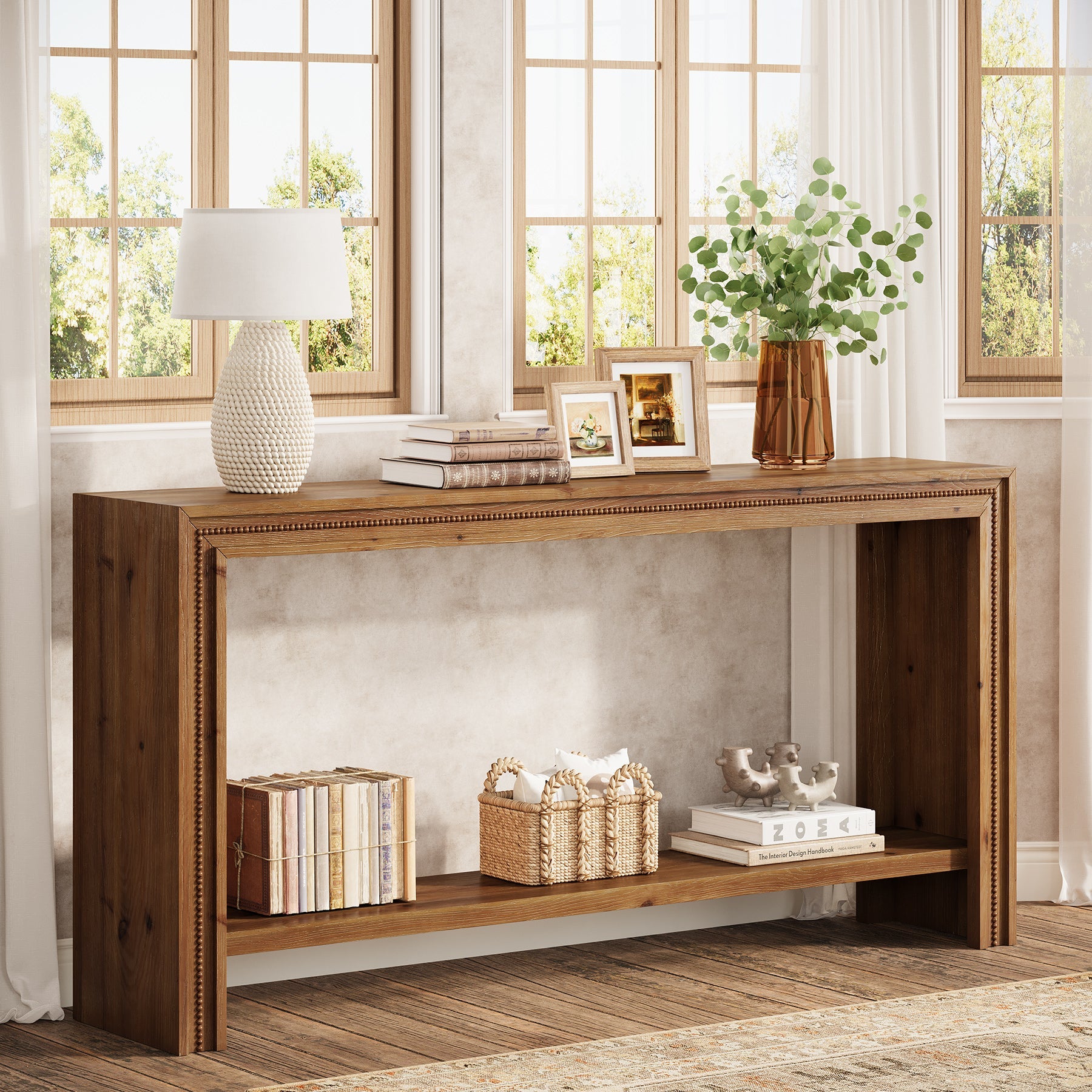 63" Solid Wood Console Table, Narrow Entryway Table with 2-Tier Storage Shelf