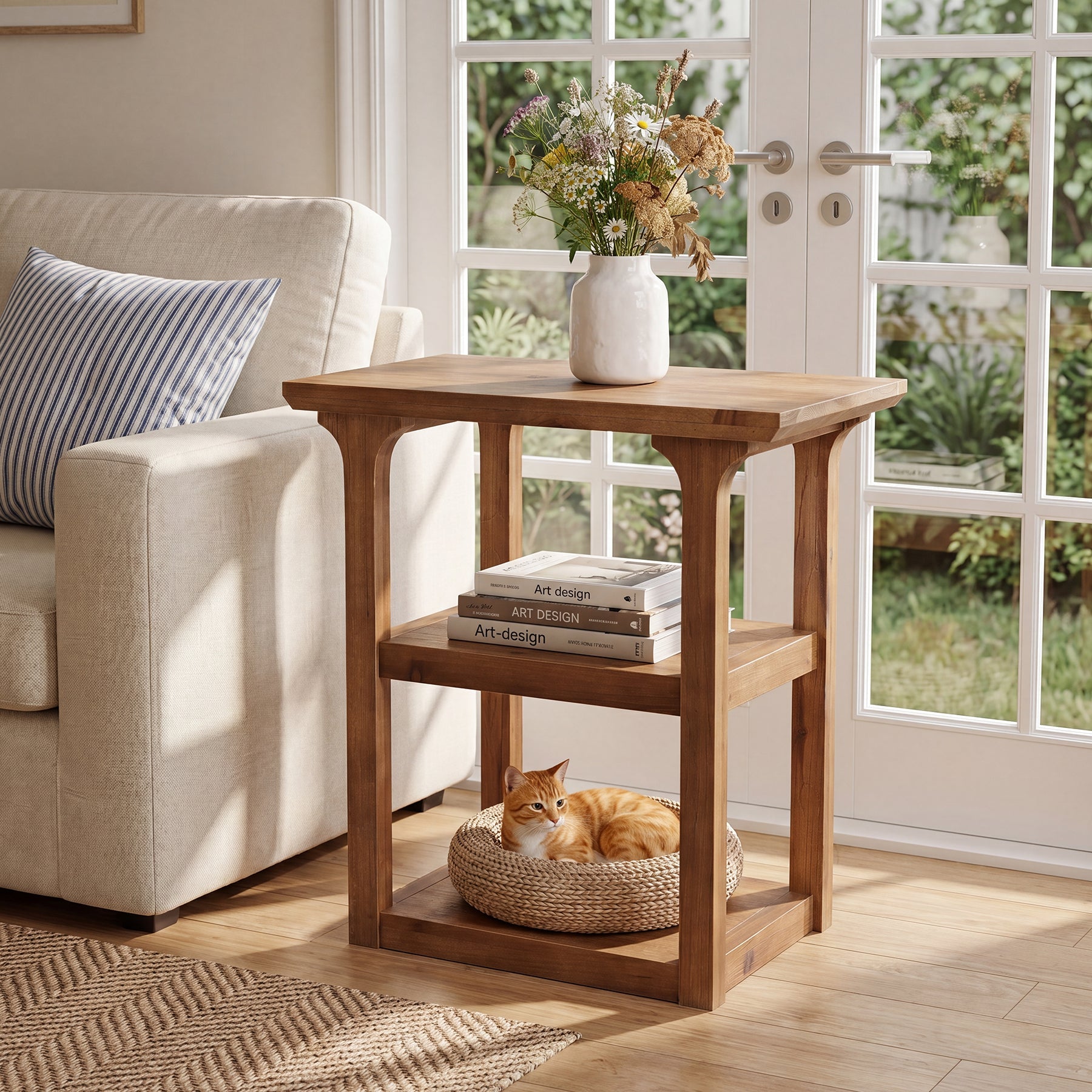 23.62" Solid Wood End Table, Farmhouse Side Table with 3-Tier Shelf for Living Room