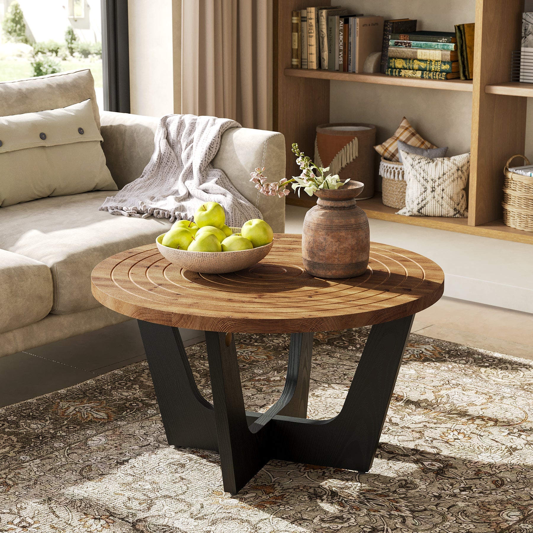 Round Solid Wood Coffee Table, 31.5" Center Tea Table with Ring Groove