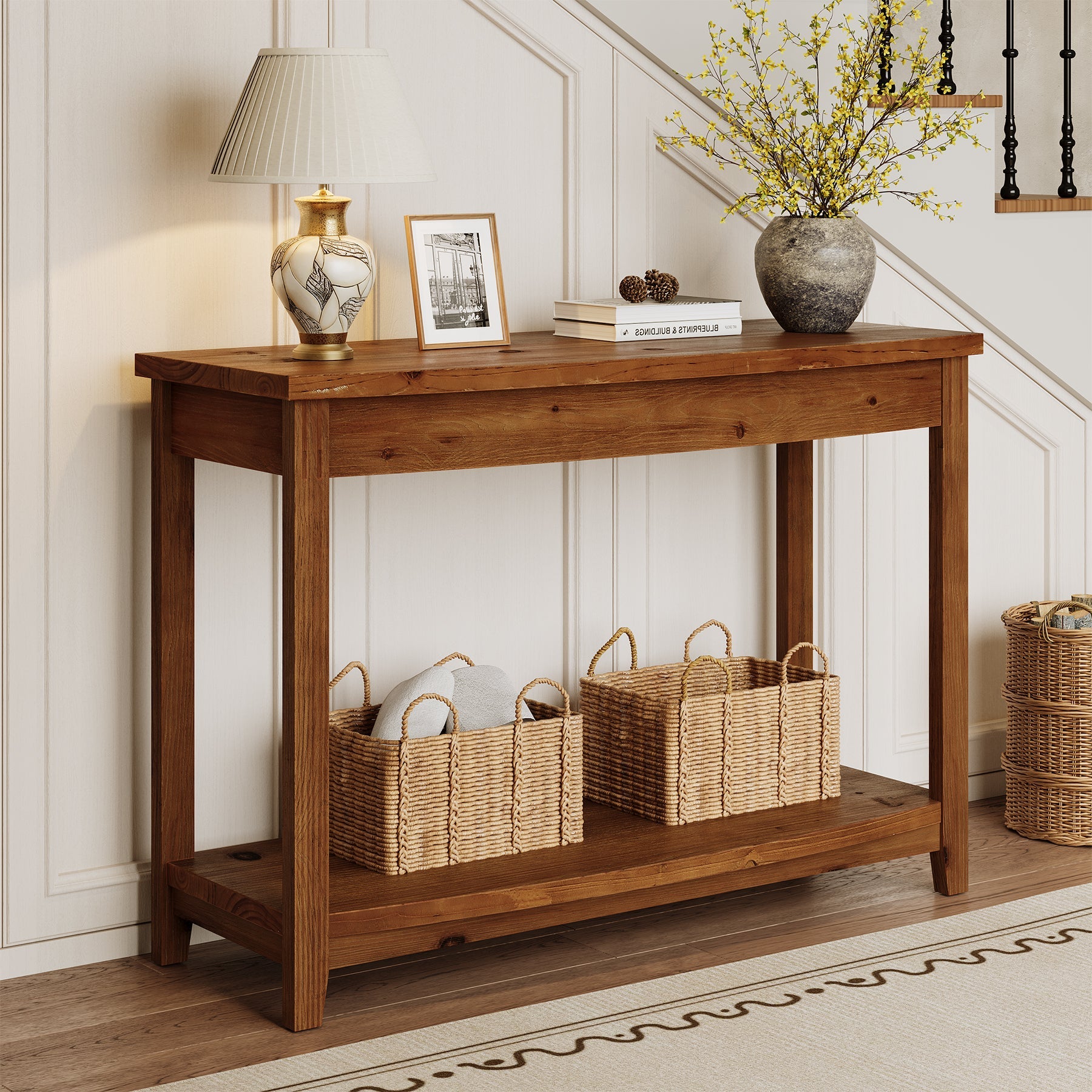 41.3" Solid Wood Console Table, Farmhouse Entryway Table With Storage Shelf
