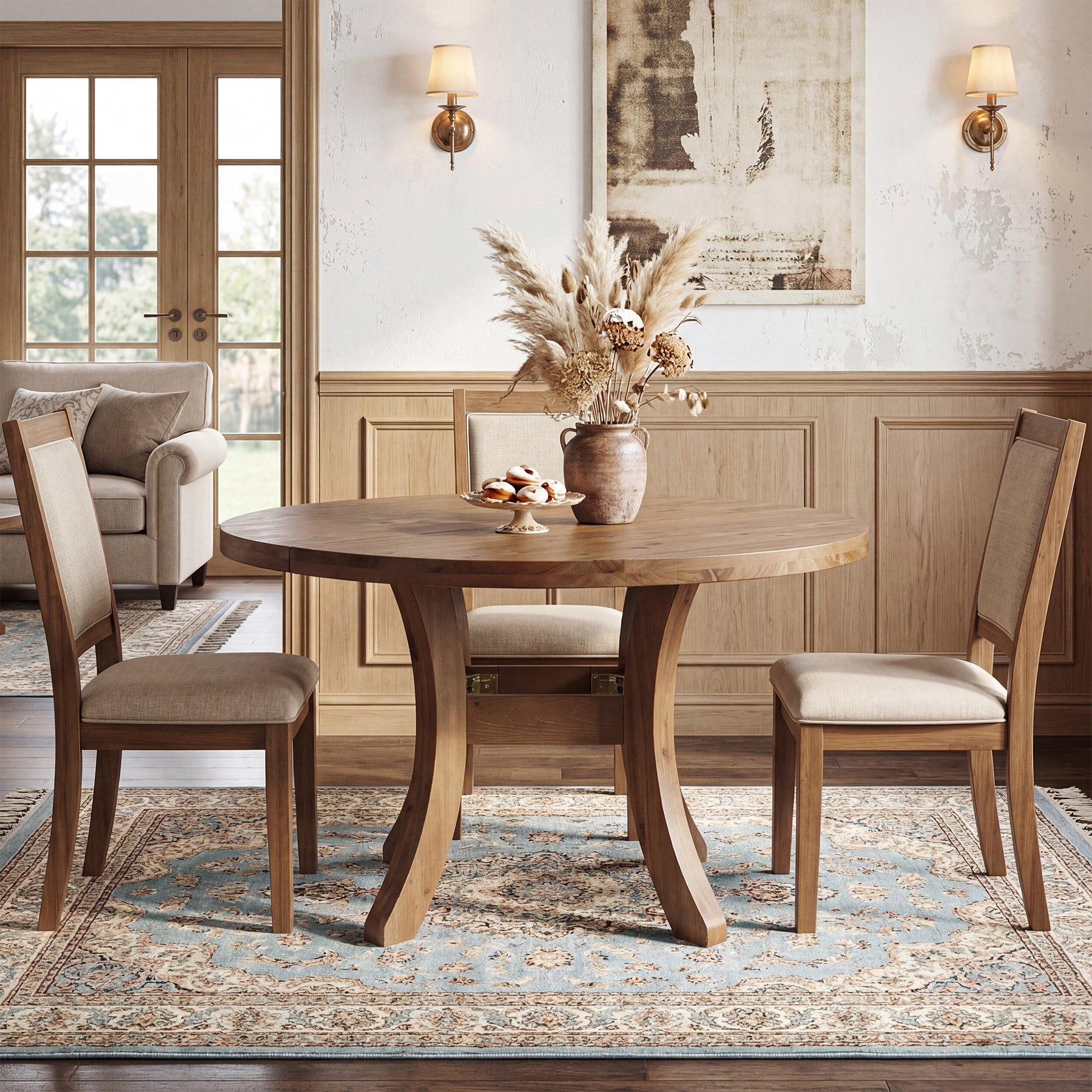 Solid Wood Round Dining Table, 47" Kitchen Table with Unique Curved Legs