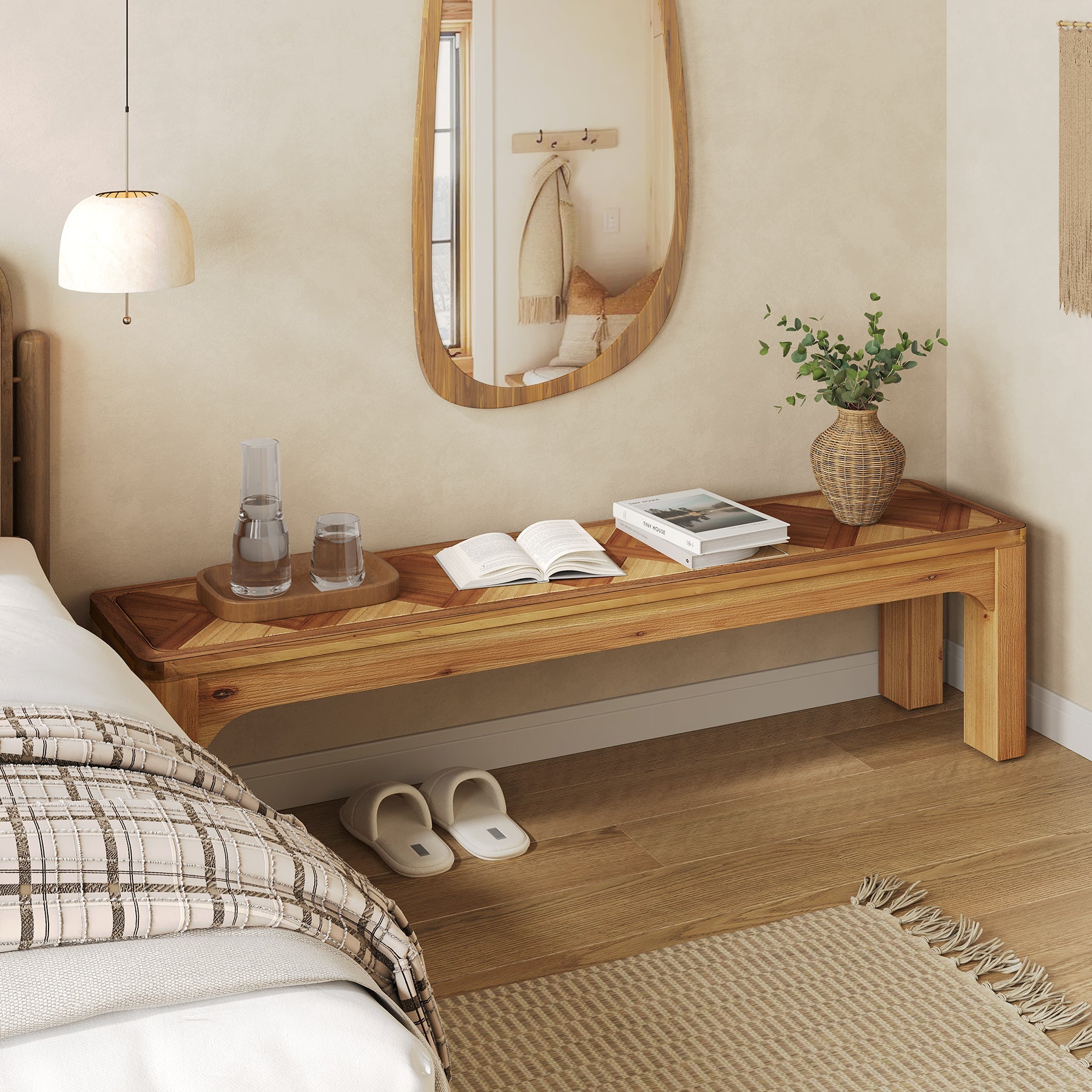 Solid Wood Shoe Bench, 63" Long Entryway Bench with 3D Textured Tabletop