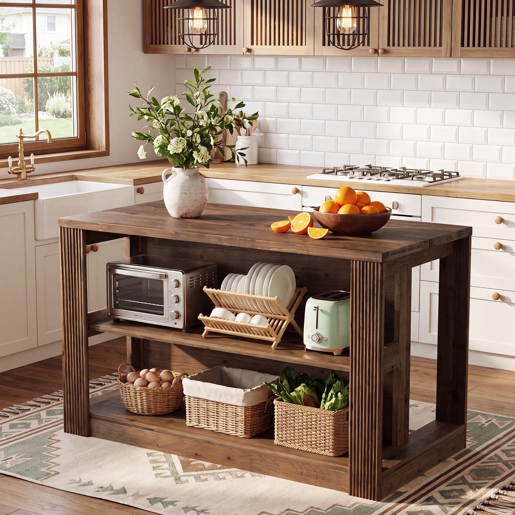 55" Kitchen Island Table, Solid Wood Stationary Storage Islands with 2-Tier Shelves