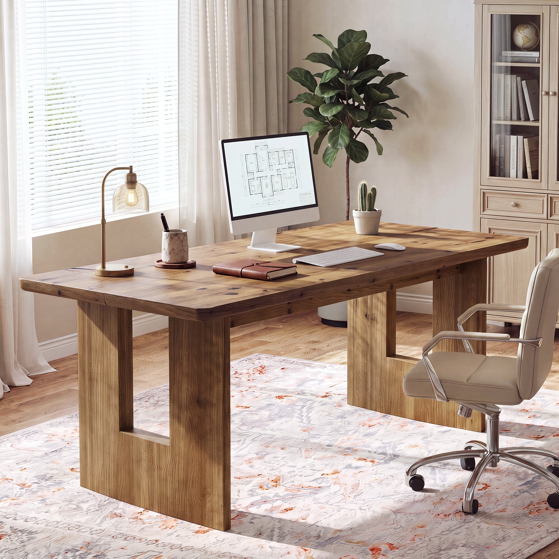 63" Solid Wood Computer Desk, Home Office Executive Desk with Sturdy Frame