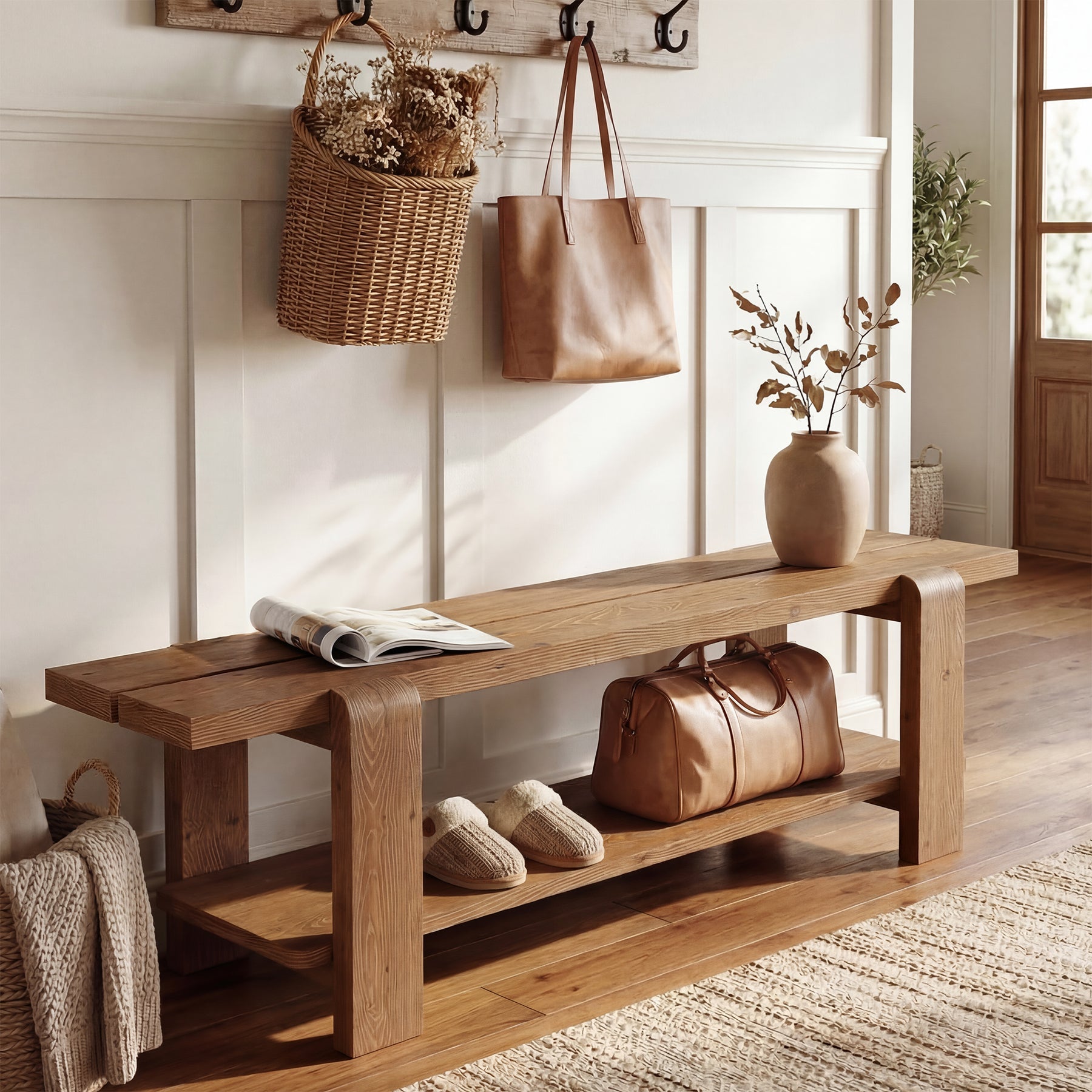 Solid Wood Entryway Bench, 63" End of Bed Bench with Shoe Storage Shelf