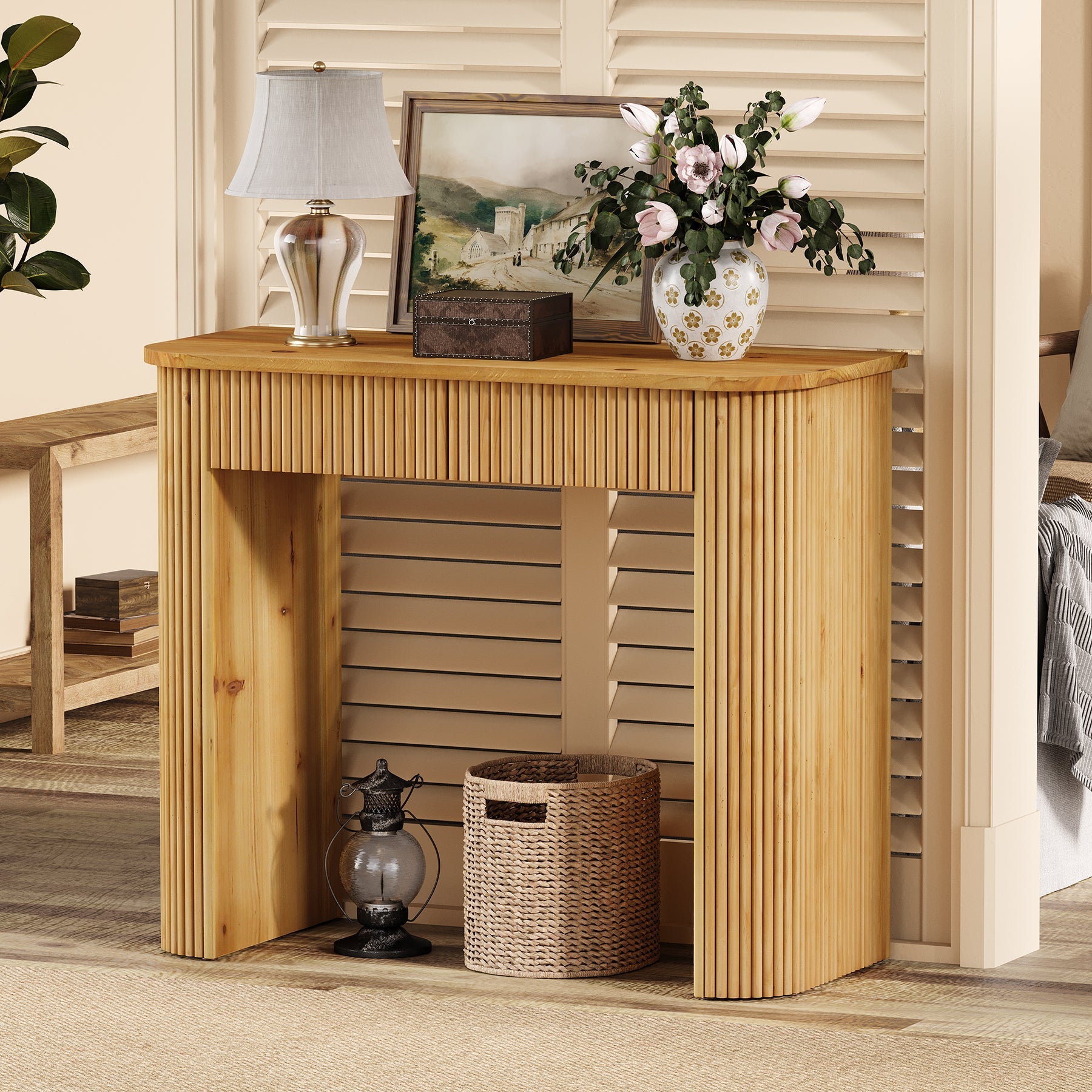 Solid Wood Console Table, 39" Fluted Entryway Sofa Table with Drawers