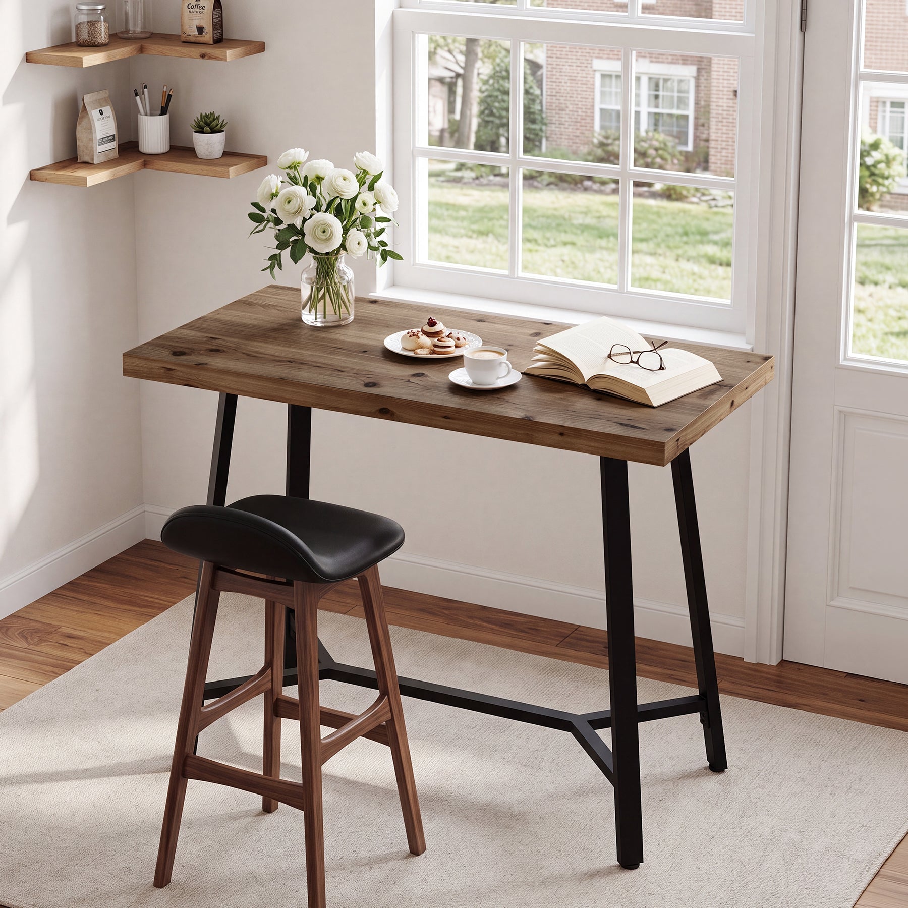 41.3" Solid Wood Bar Table, Counter Height Pub Table with Metal Base for Kitchen
