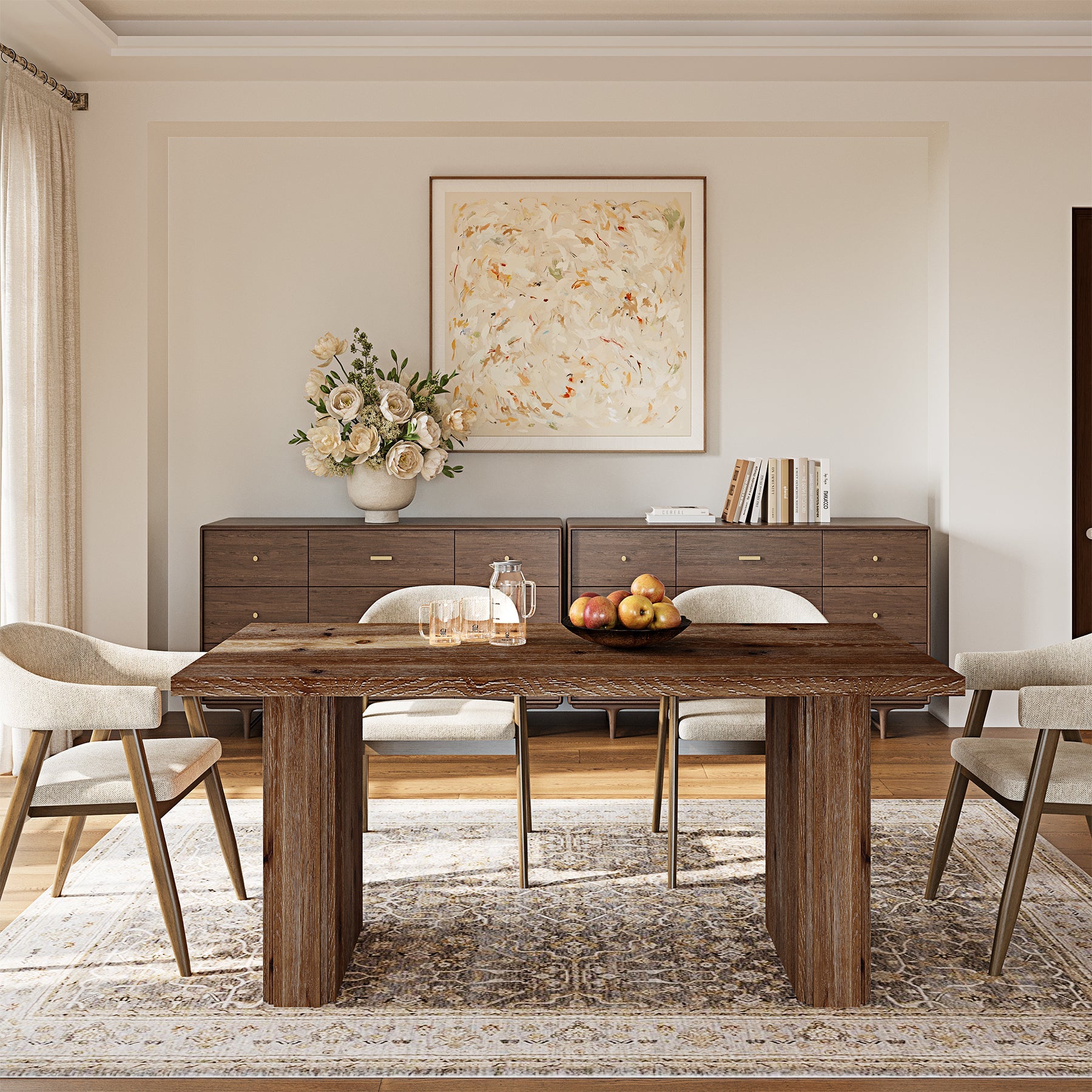 63” Solid Wood Farmhouse Dining Table for 4–6, Rectangular Kitchen Table with Pedestal Base