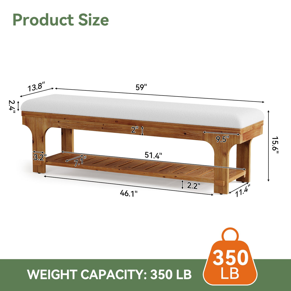 59" End of Bed Bench with Boucle Cushion & Storage Shelf, Rustic Solid Wood, Bedroom Hallway