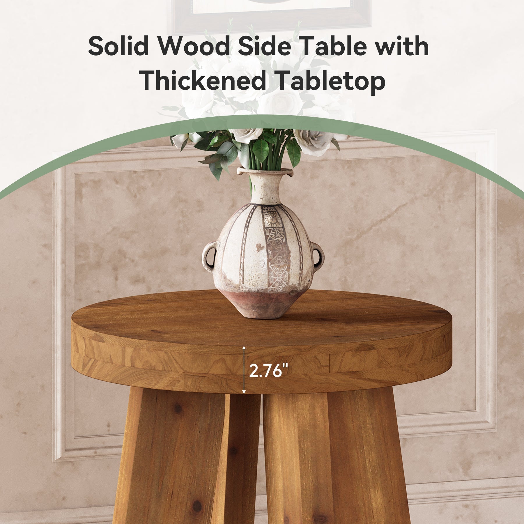 Solid Wood End Table, Round Side Table with Heavy-Duty Legs for Couch