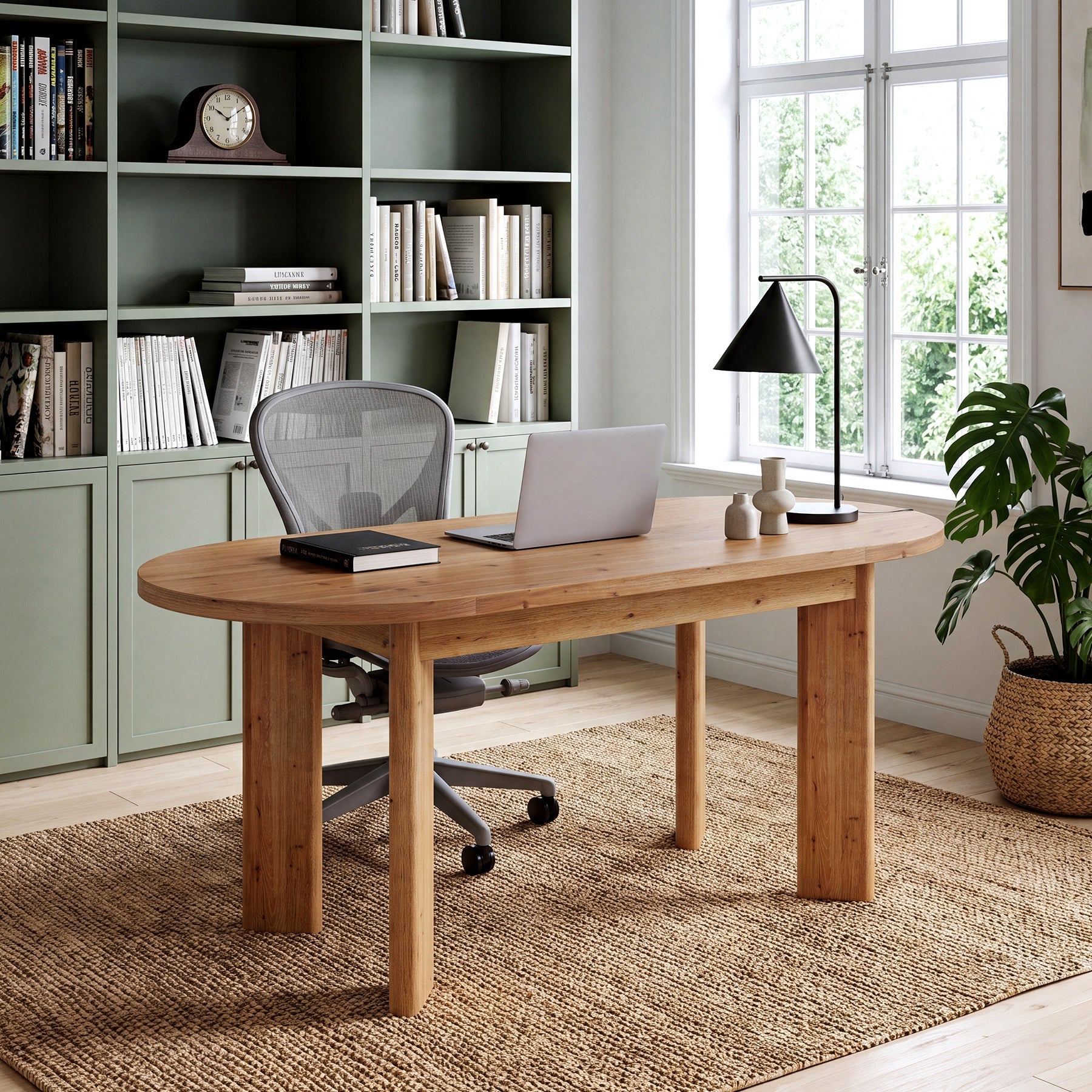 63" Oval Executive Desk, Office Solid Wood Computer Desk with Reinforced Frame