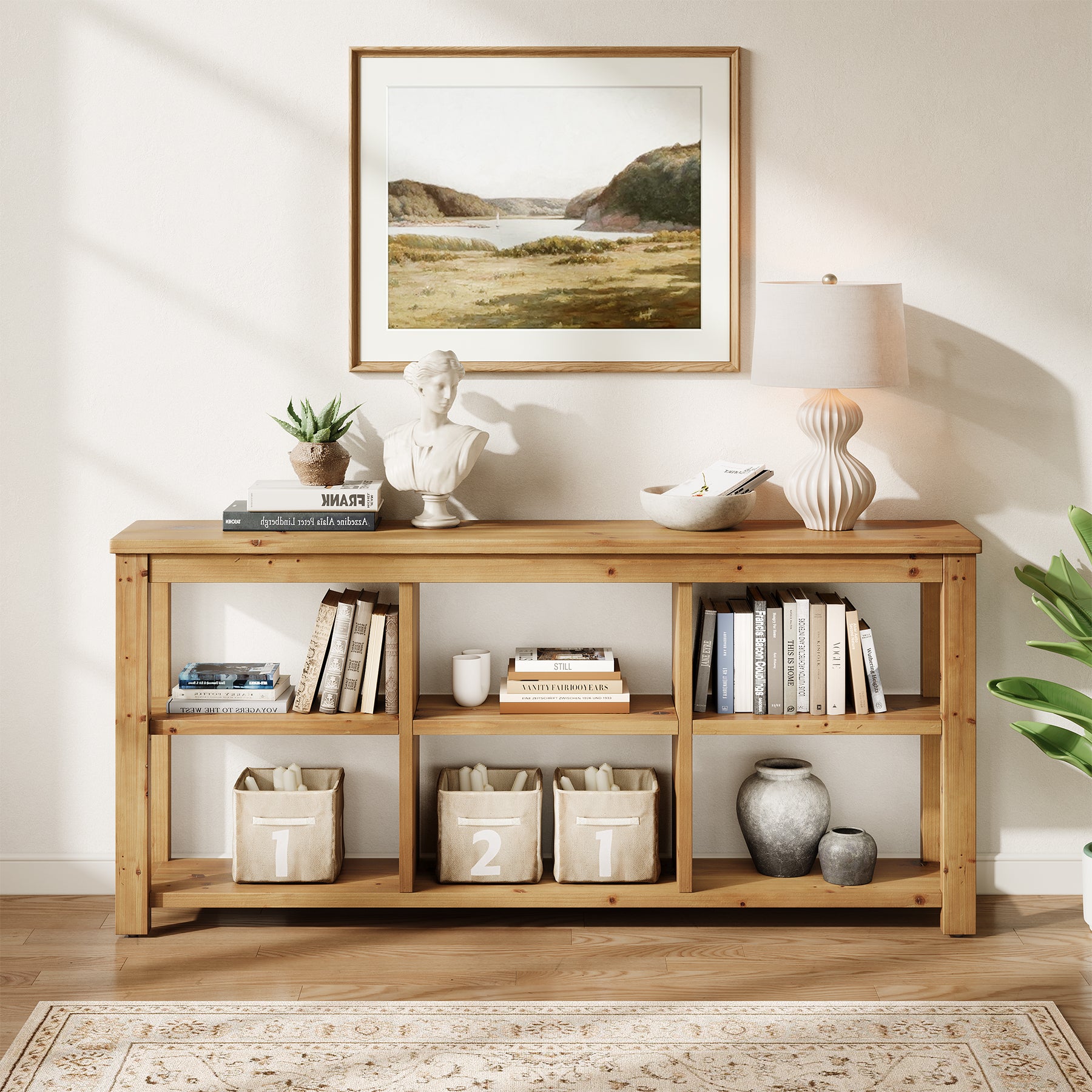 63" Console Table, 3-Tier Solid Wood Sofa Table with 6 Storage Cubes