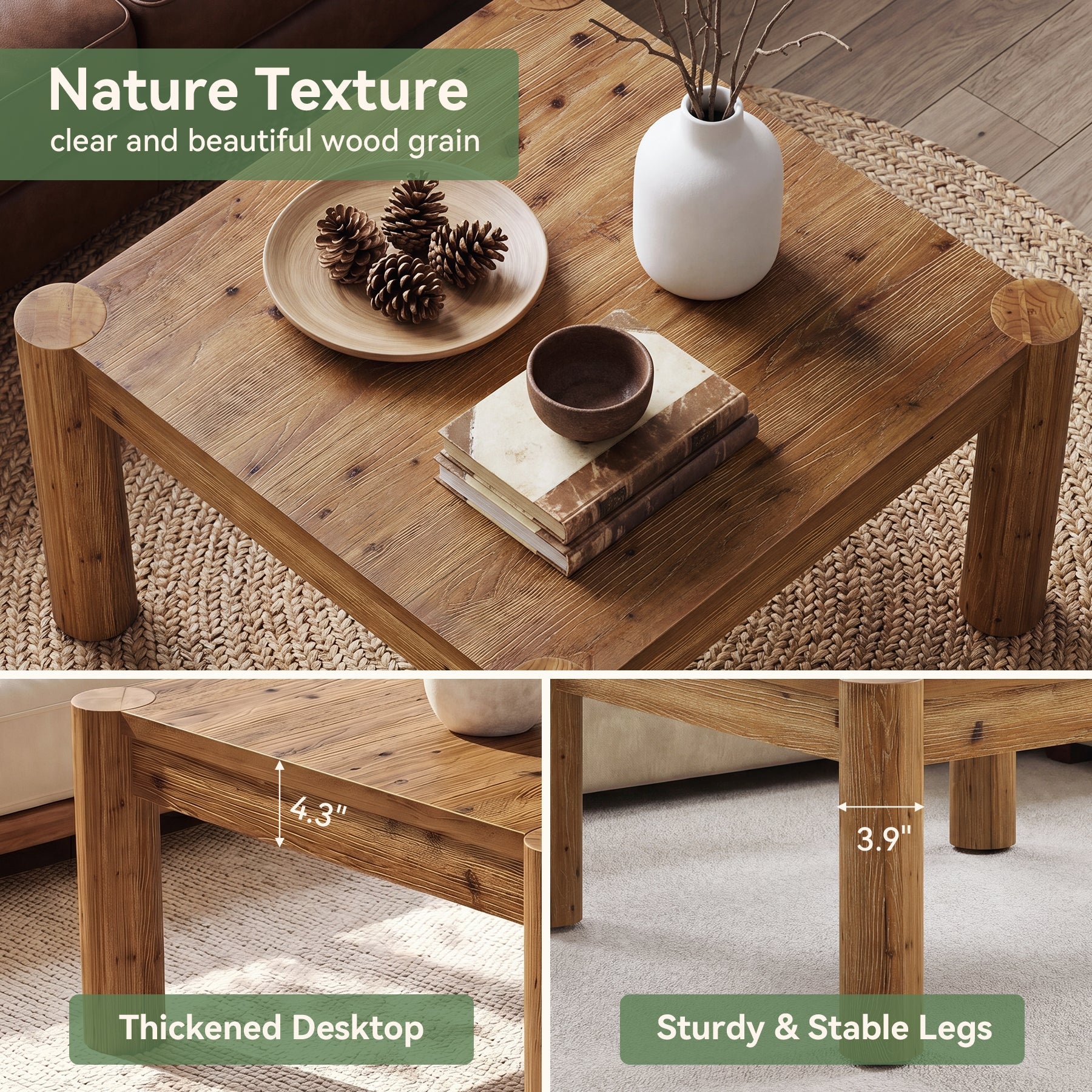 31.5" Square Coffee Table, Solid Wood Center Table Accent Cocktail Table