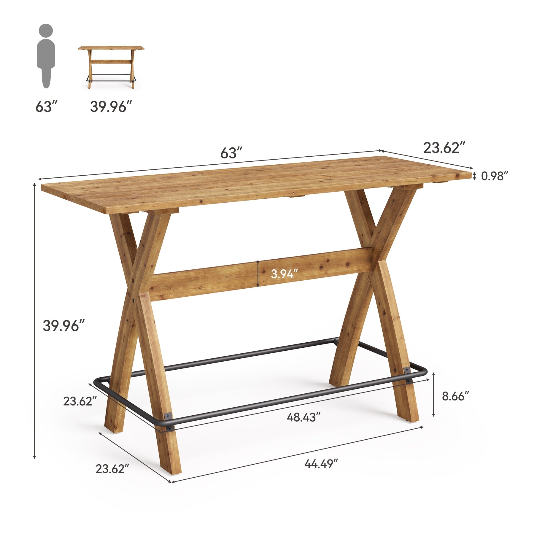 63" Bar Table, Solid Wood Counter Height Coffee Bar Cocktail Table