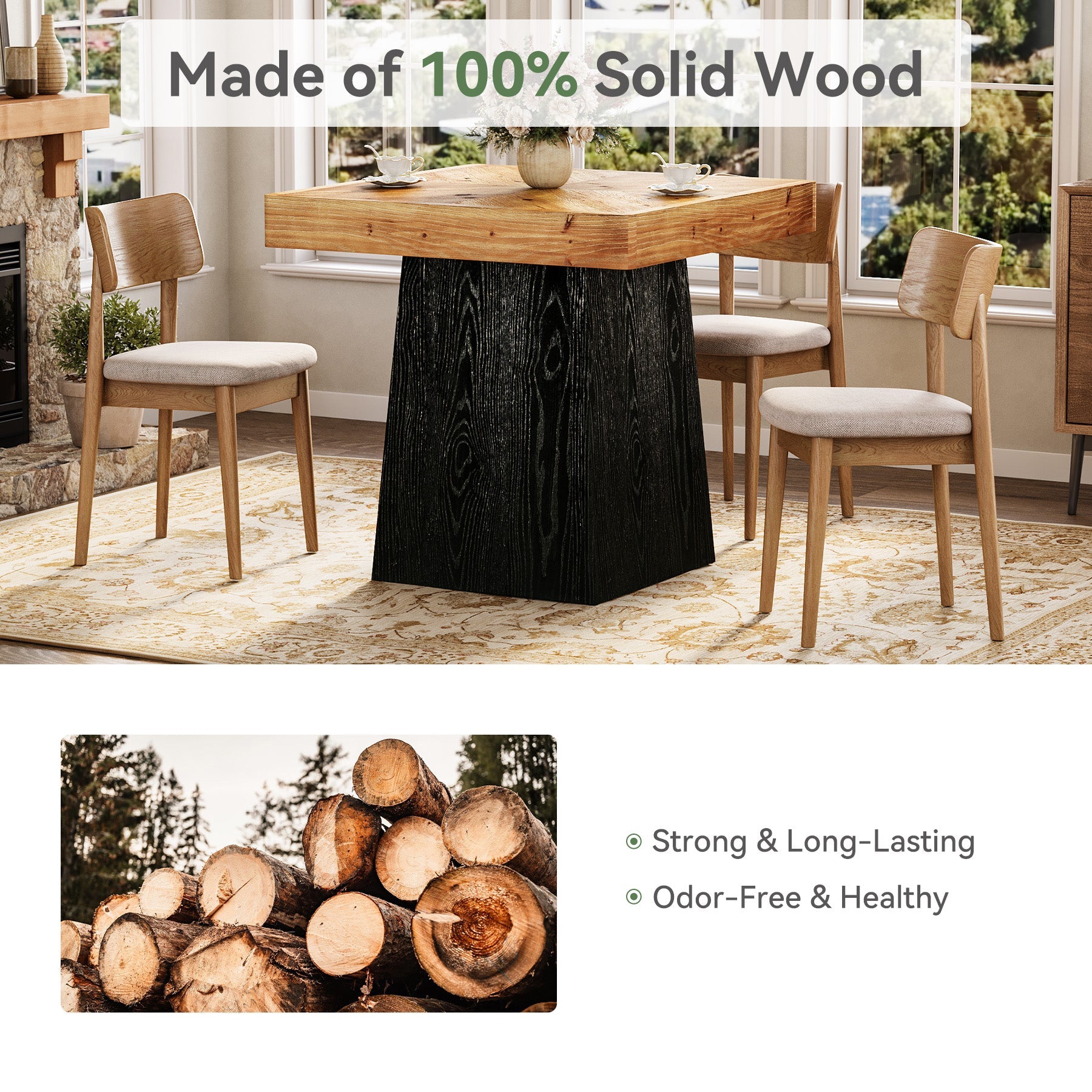 31" Solid Wood Square Dining Table for 2–4, Farmhouse Kitchen Table with Parquet Top & Tapered Base