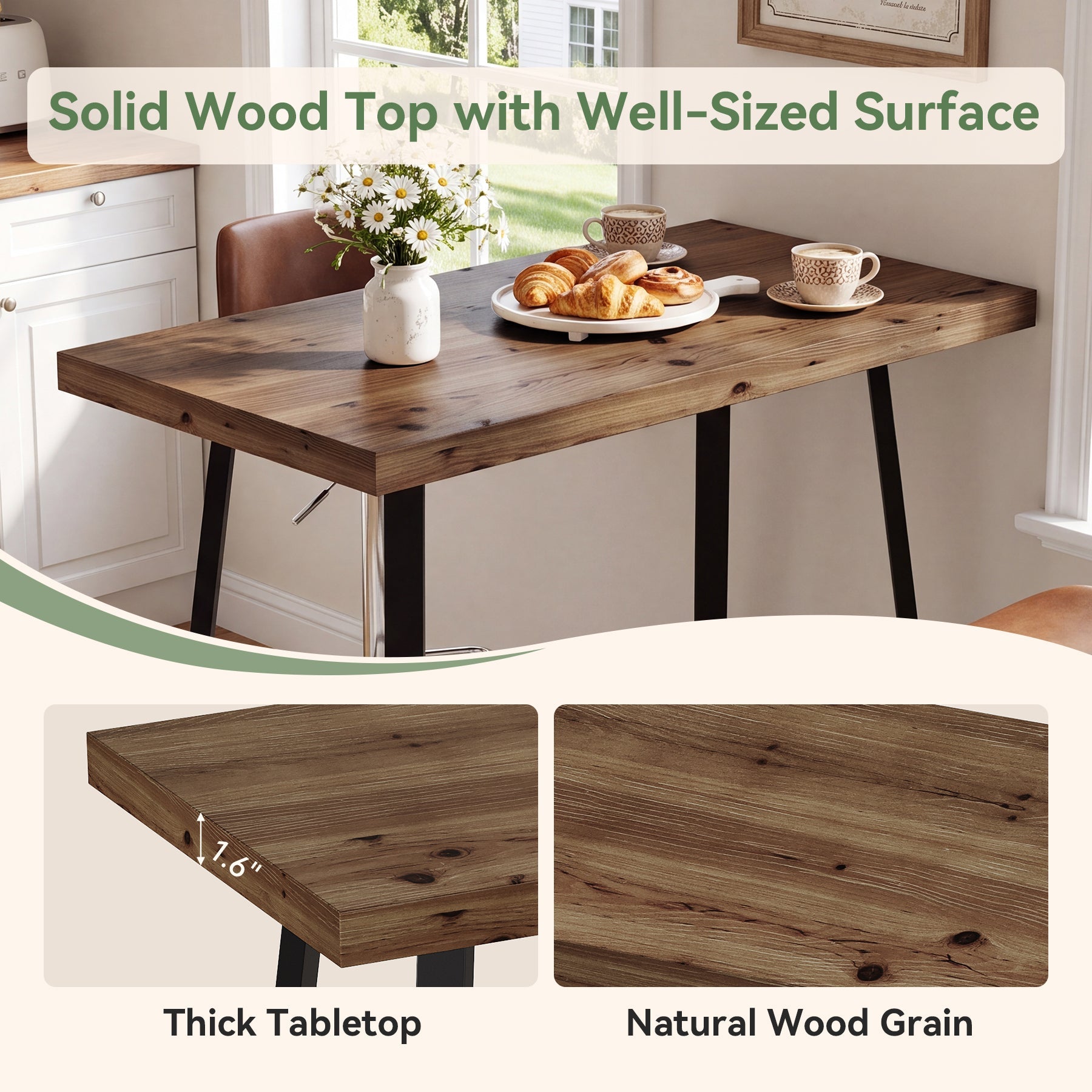 41.3" Solid Wood Bar Table, Counter Height Pub Table with Metal Base for Kitchen