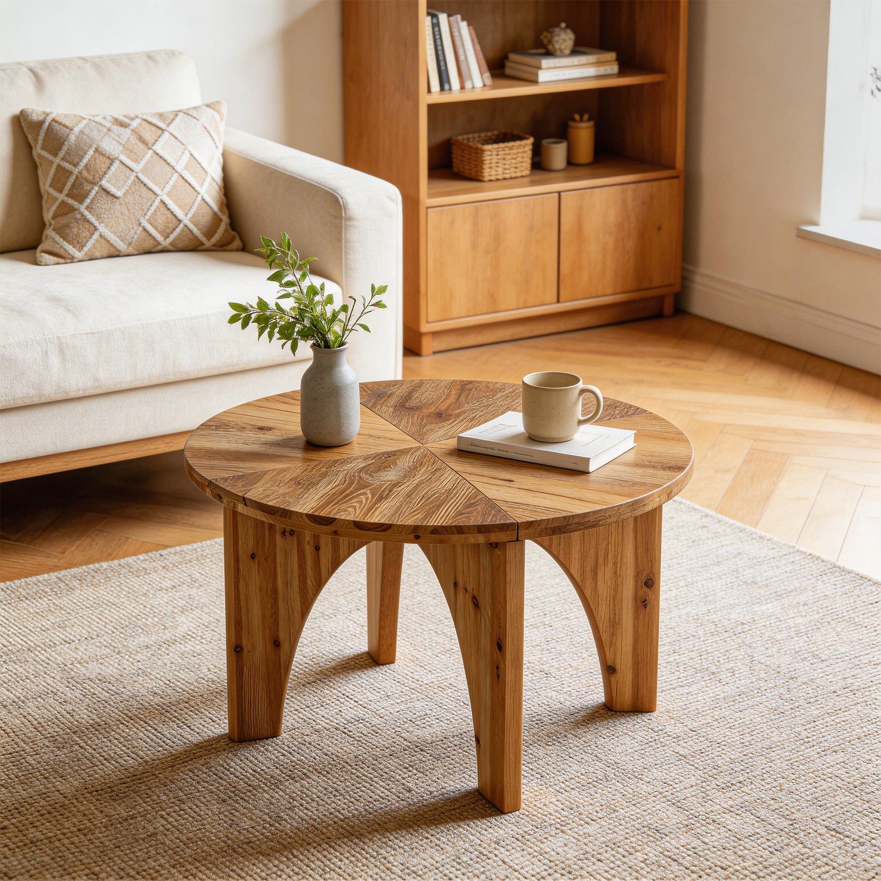 31.5" Round Coffee Table, Farmhouse Solid Wood Center Table with Curved Legs