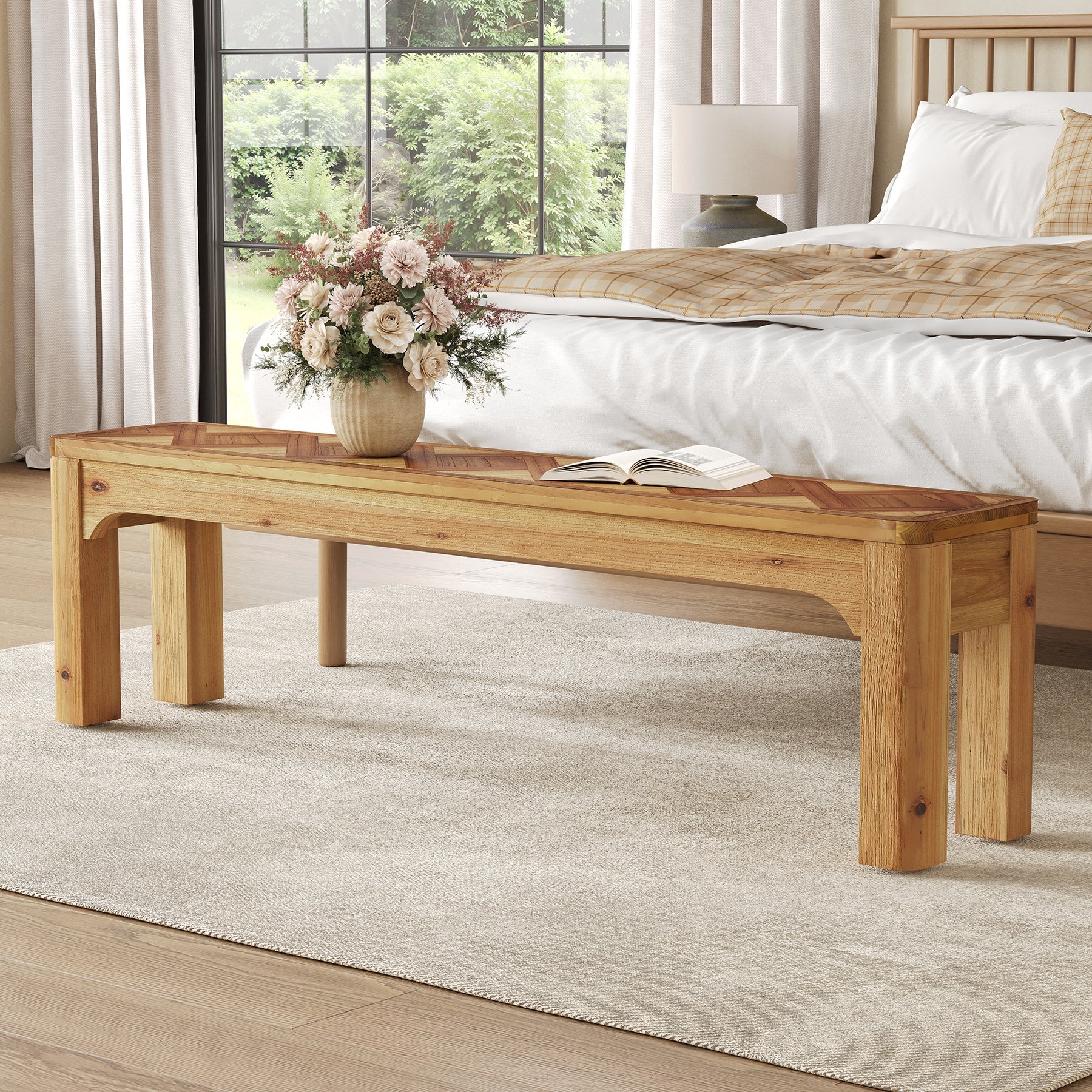 Solid Wood Shoe Bench, 63" Long Entryway Bench with 3D Textured Tabletop