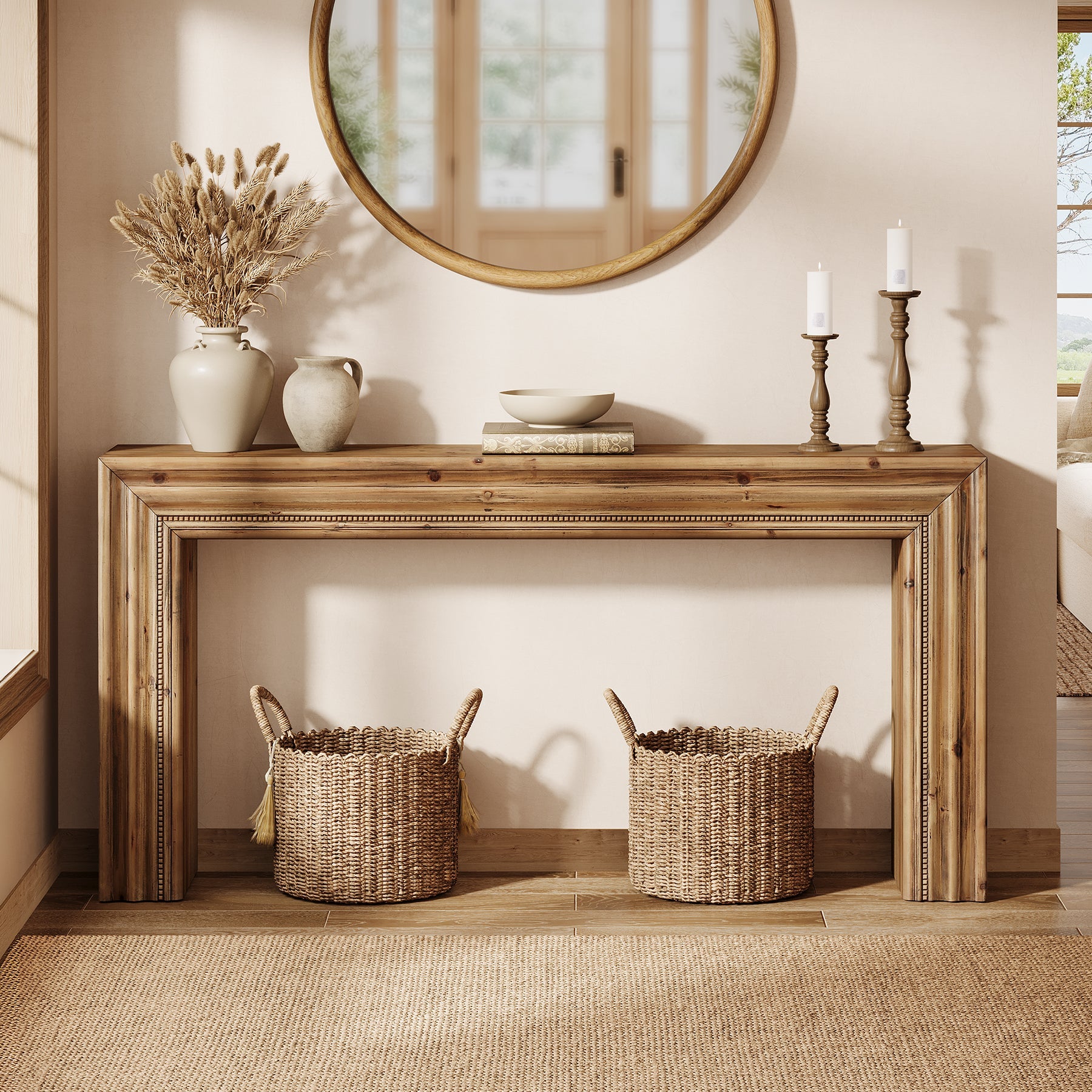 63" Solid Wood Console Table, Narrow Sofa Table Behind Couch with Sculpted Edge