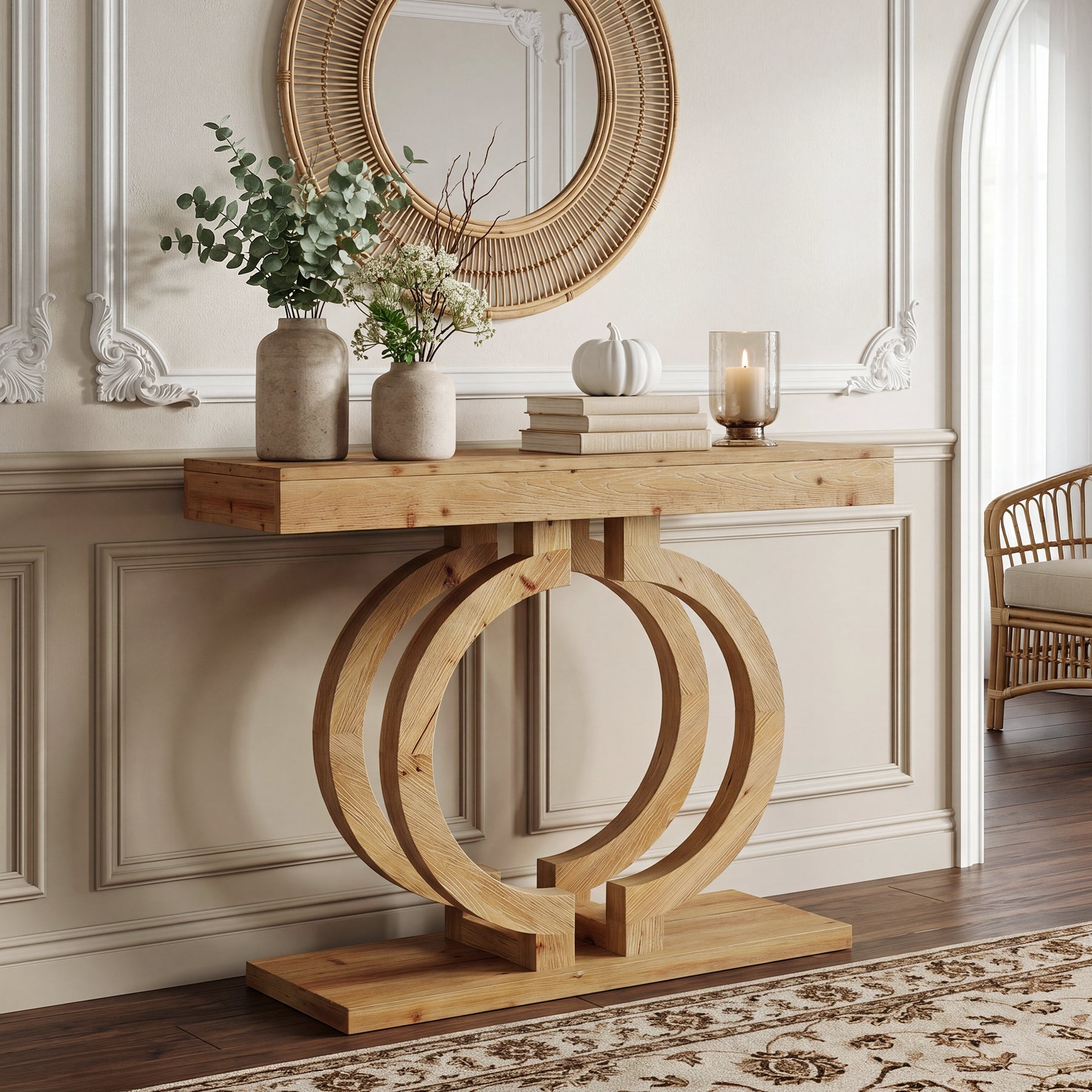 Solid Wood Console Table, 43.3" Entryway Sofa Table with Double-Circle Base for Hallway