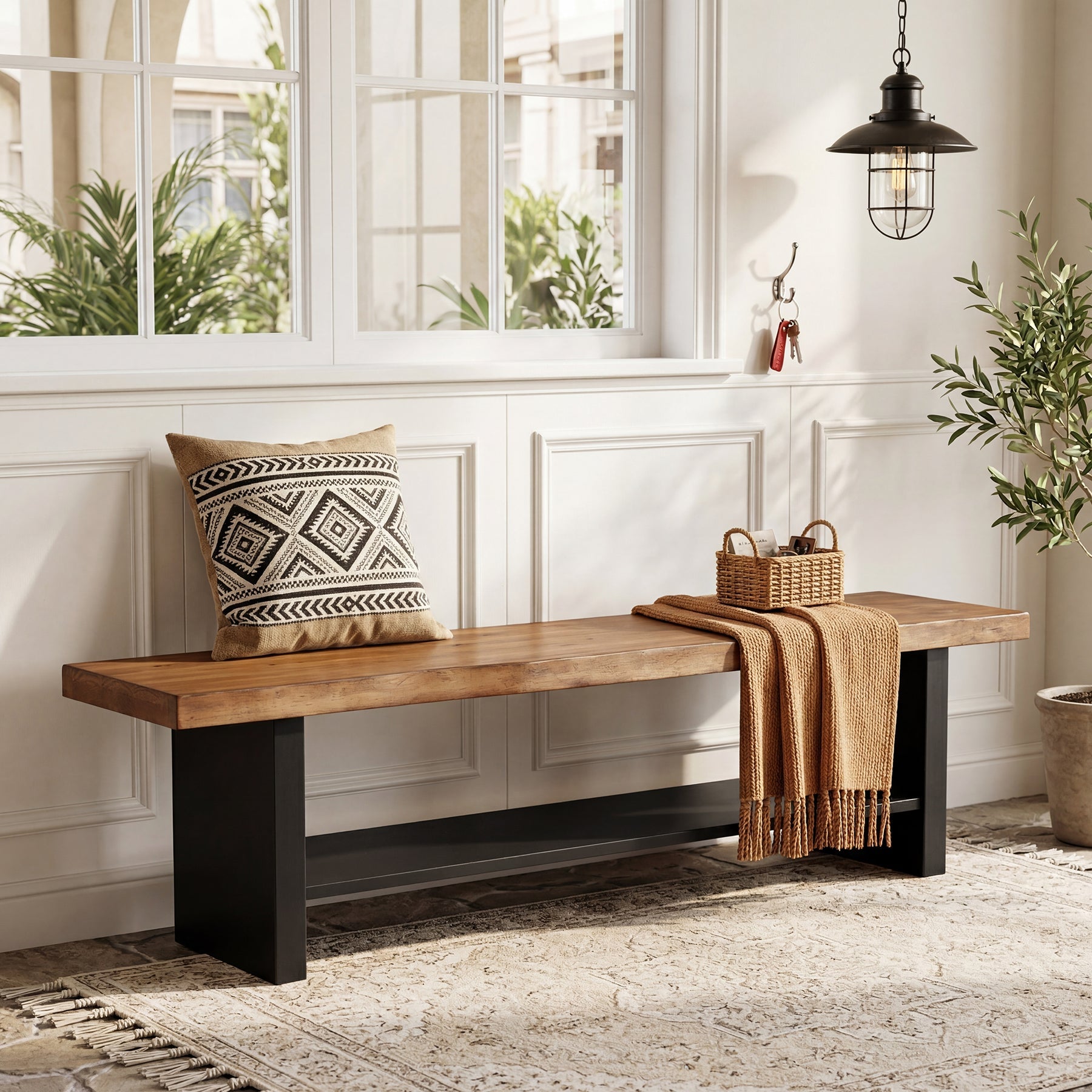 55" Solid Wood Entryway Bench, 2-Tier Farmhouse Bench with Shoe Storage