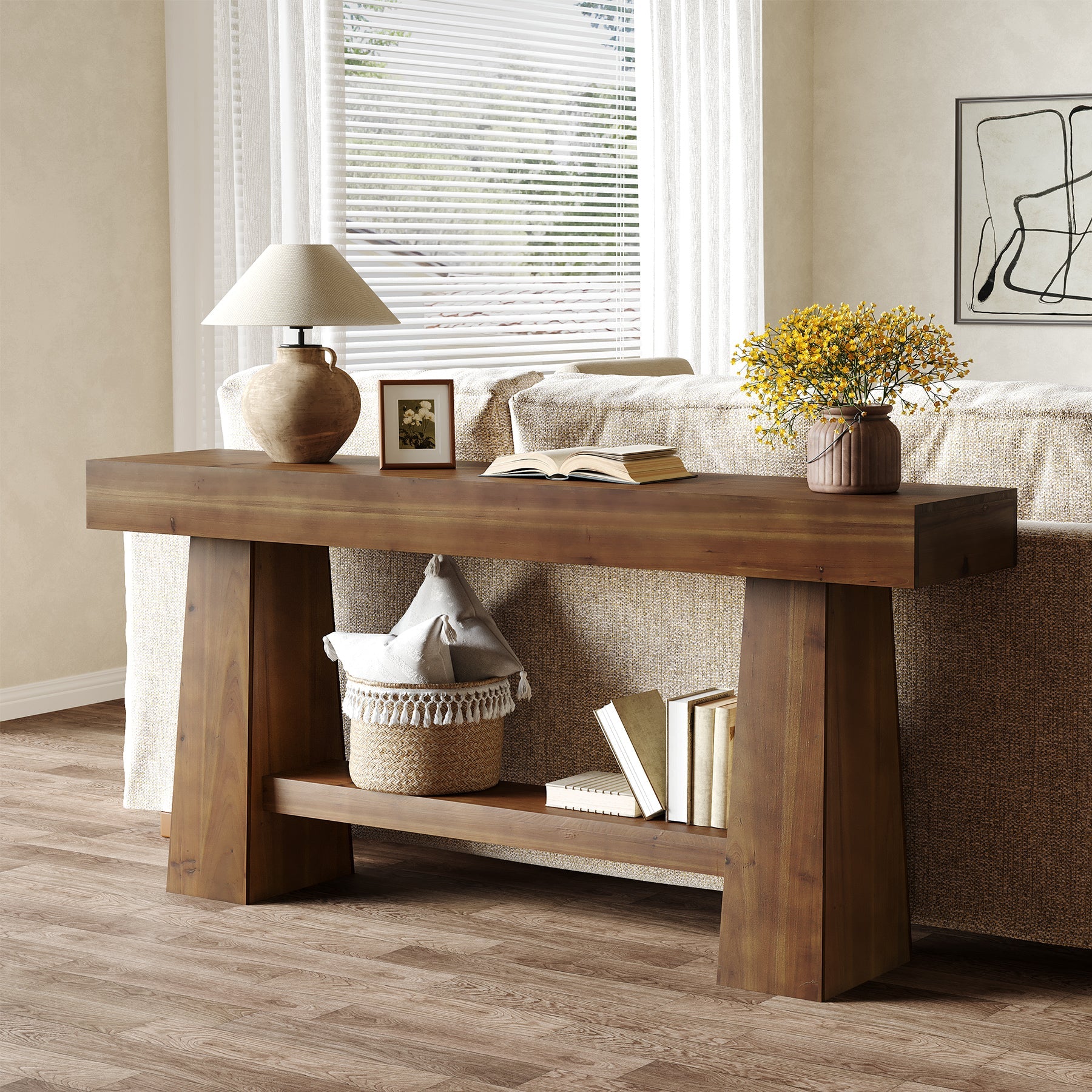 Solid Wood Console Table, 63" Wooden Entryway Sofa Table with Storage