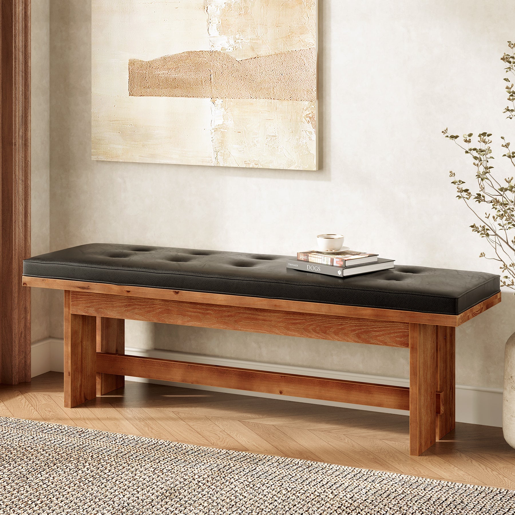 Solid Wood Shoe Bench with Cushion, 55" Upholstered Entryway Bench - Thumbnail 2