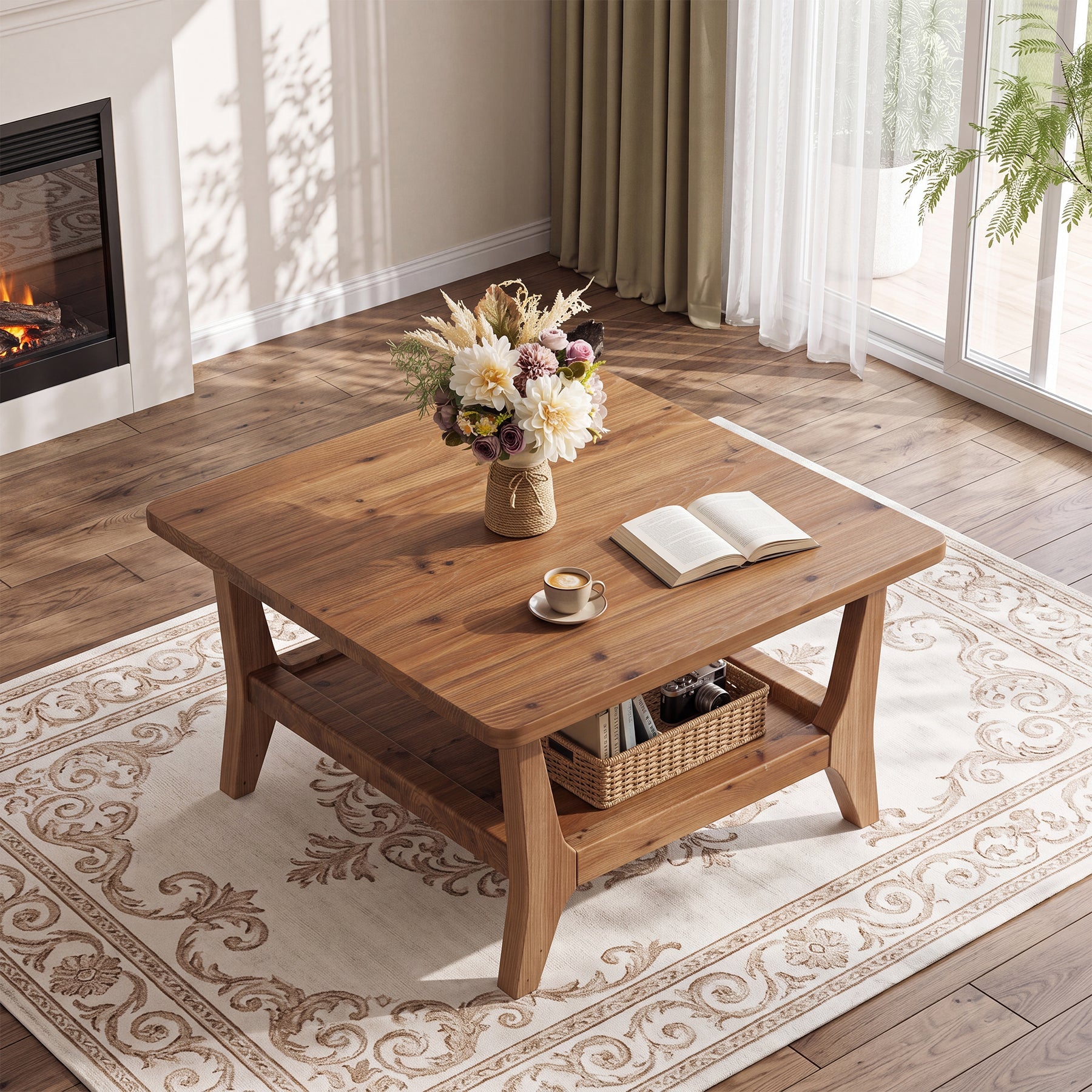 Solid Wood Coffee Table, 31.5" Square Center Table with 2-Tier Storage
