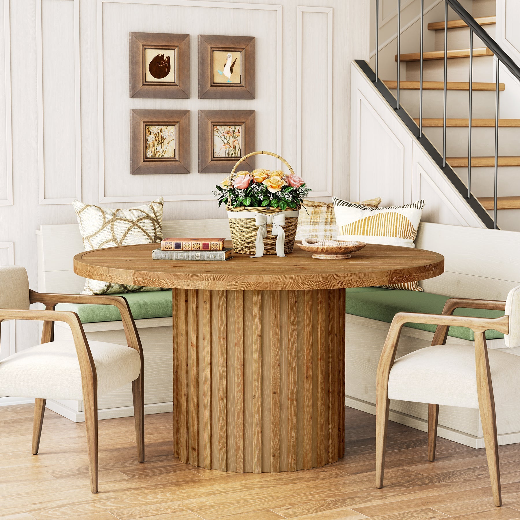 Round Solid Wood Dining Table for 4, 47" Kitchen Table with Fluted Pedestal Base