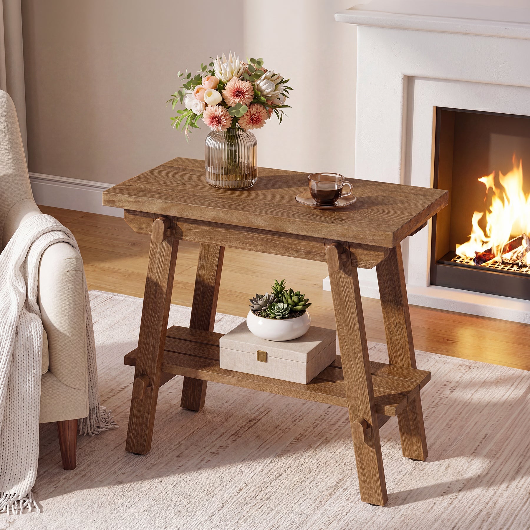 Solid Wood End Table, 23.6" Narrow Couch Side Table Nightstand for Small Spaces