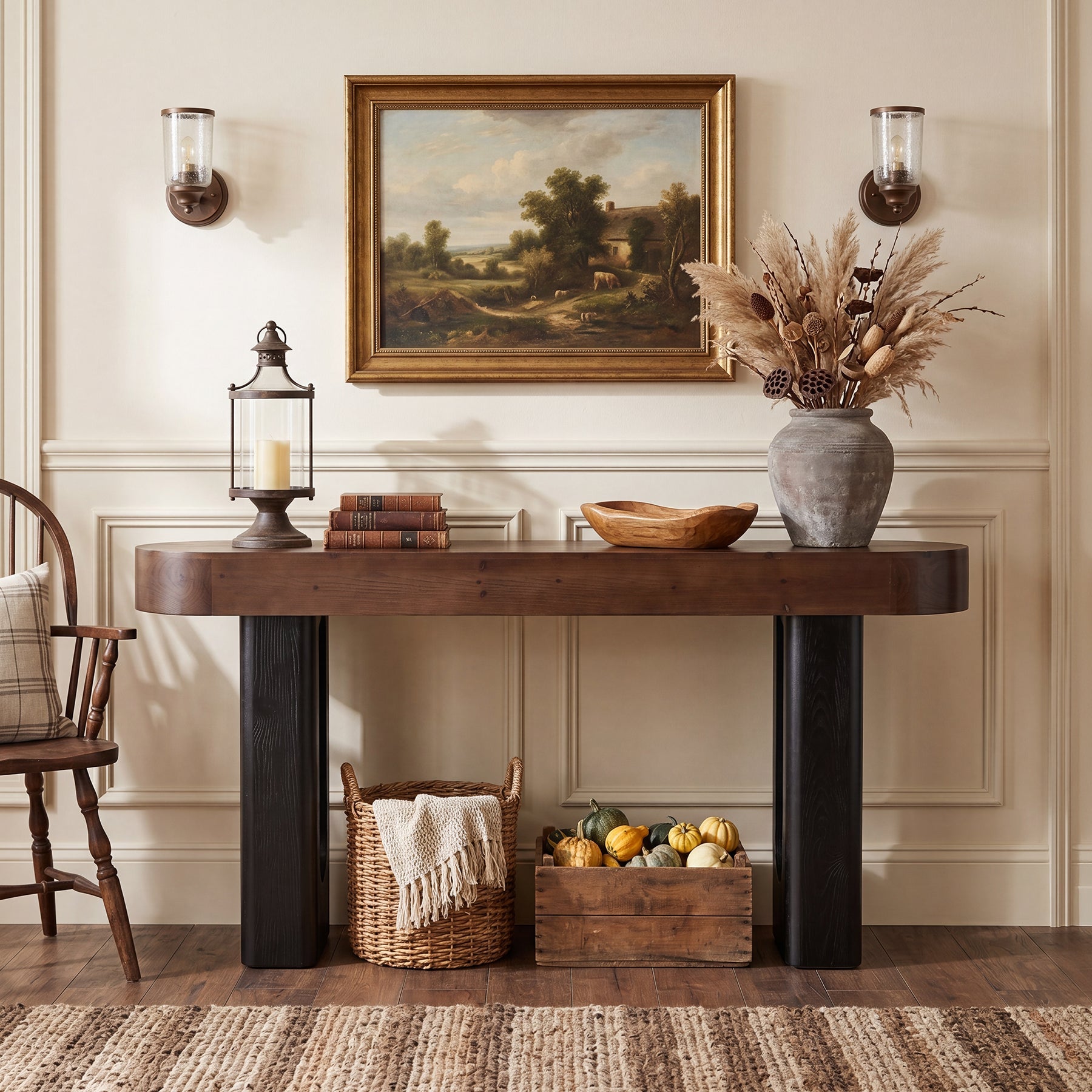 63" Solid Wood Console Table, Narrow Sofa Table with Rounded Edges for Entryway