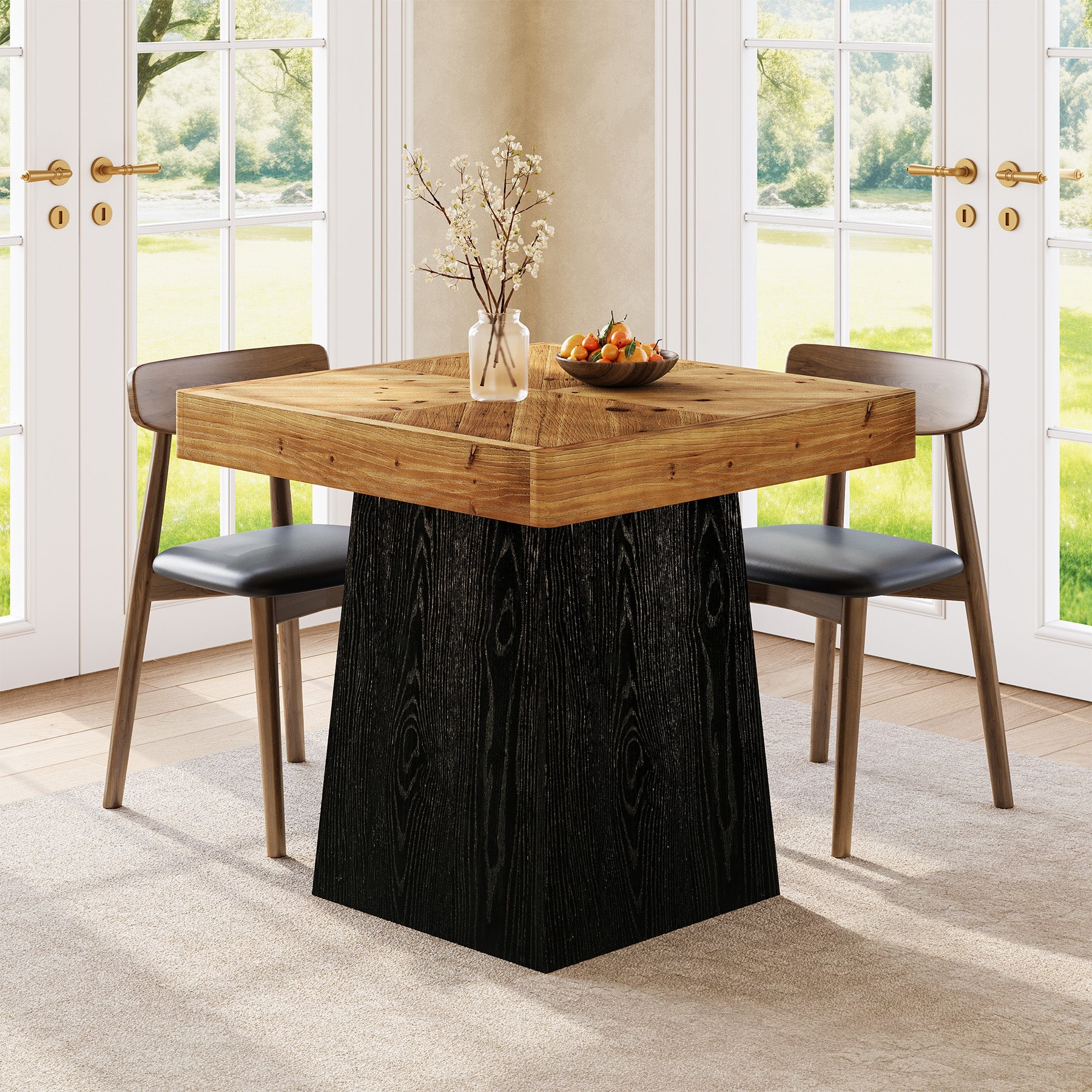 31" Solid Wood Square Dining Table for 2–4, Farmhouse Kitchen Table with Parquet Top & Tapered Base