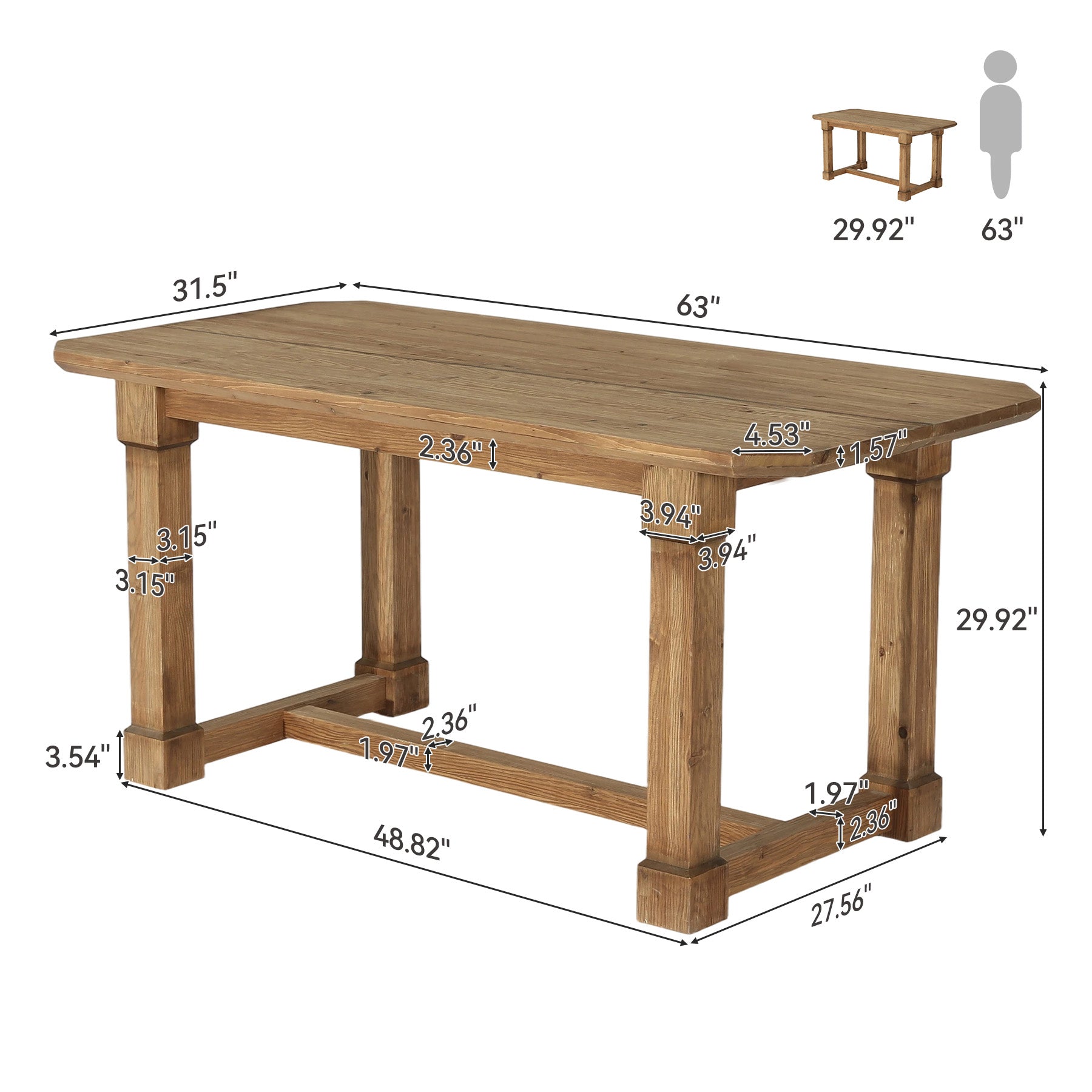 63" Solid Wood Executive Desk, Heavy-Duty Office Computer Desk with Thick Top & Sturdy Legs