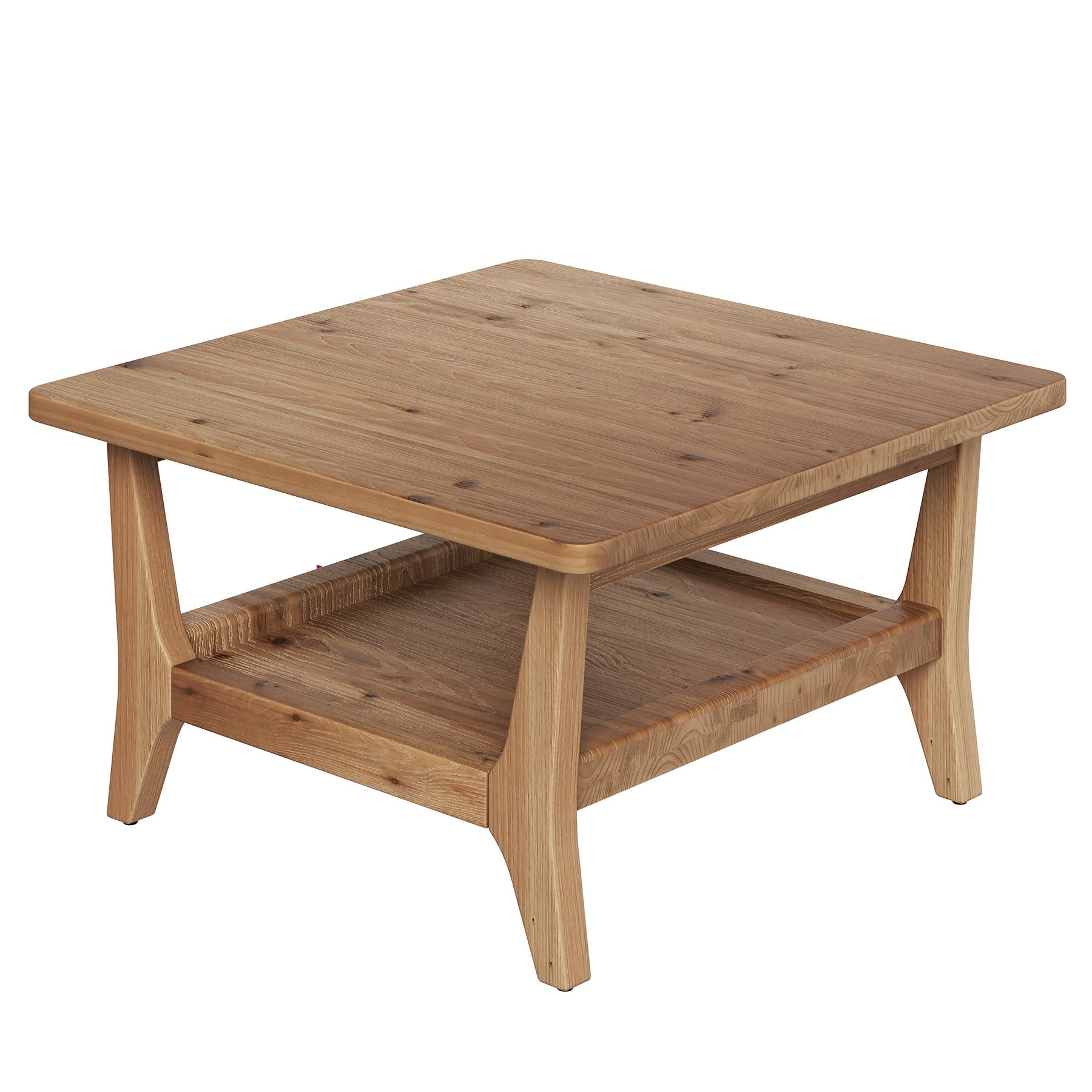 Solid Wood Coffee Table, 31.5" Square Center Table with 2-Tier Storage