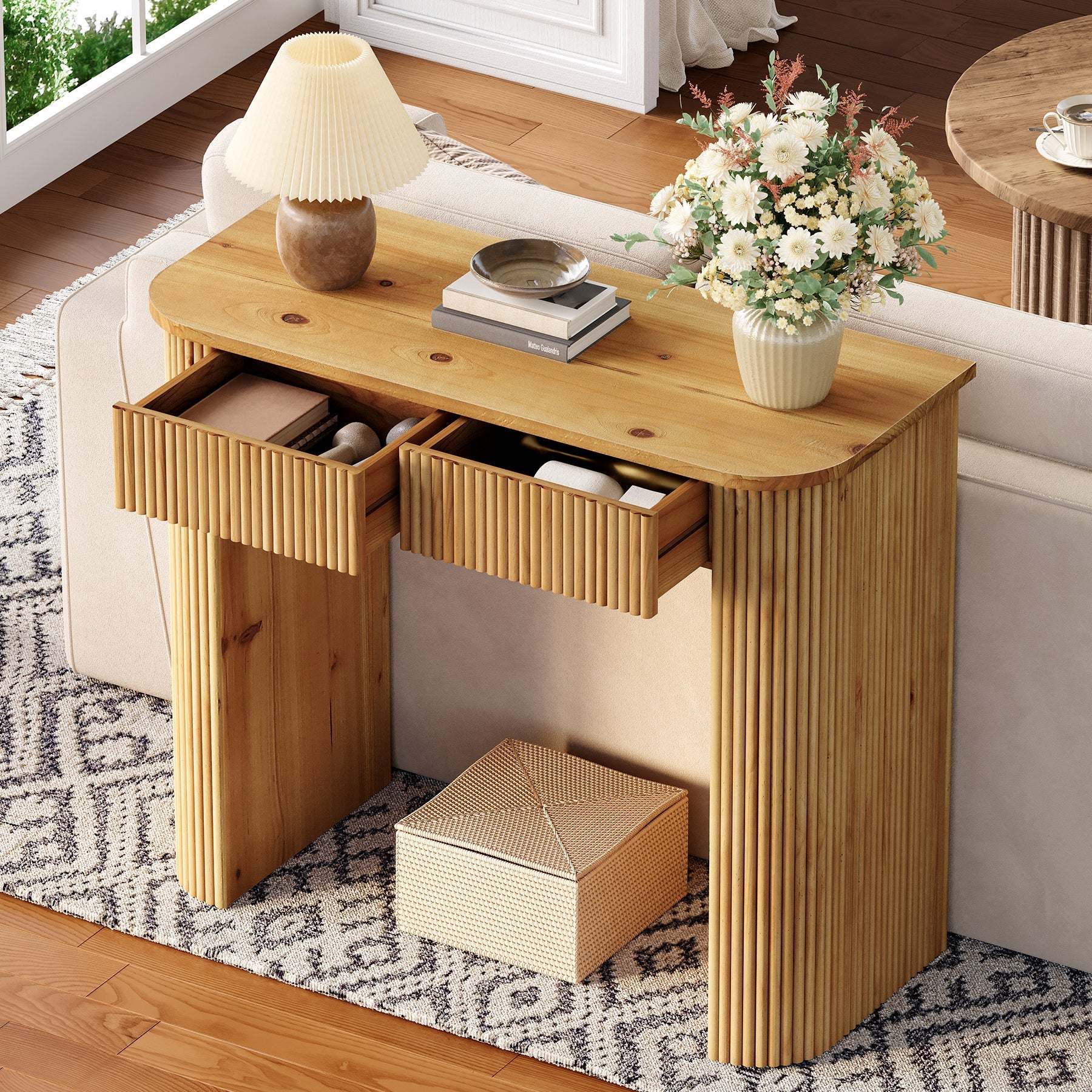 Solid Wood Console Table, 39" Fluted Entryway Sofa Table with Drawers