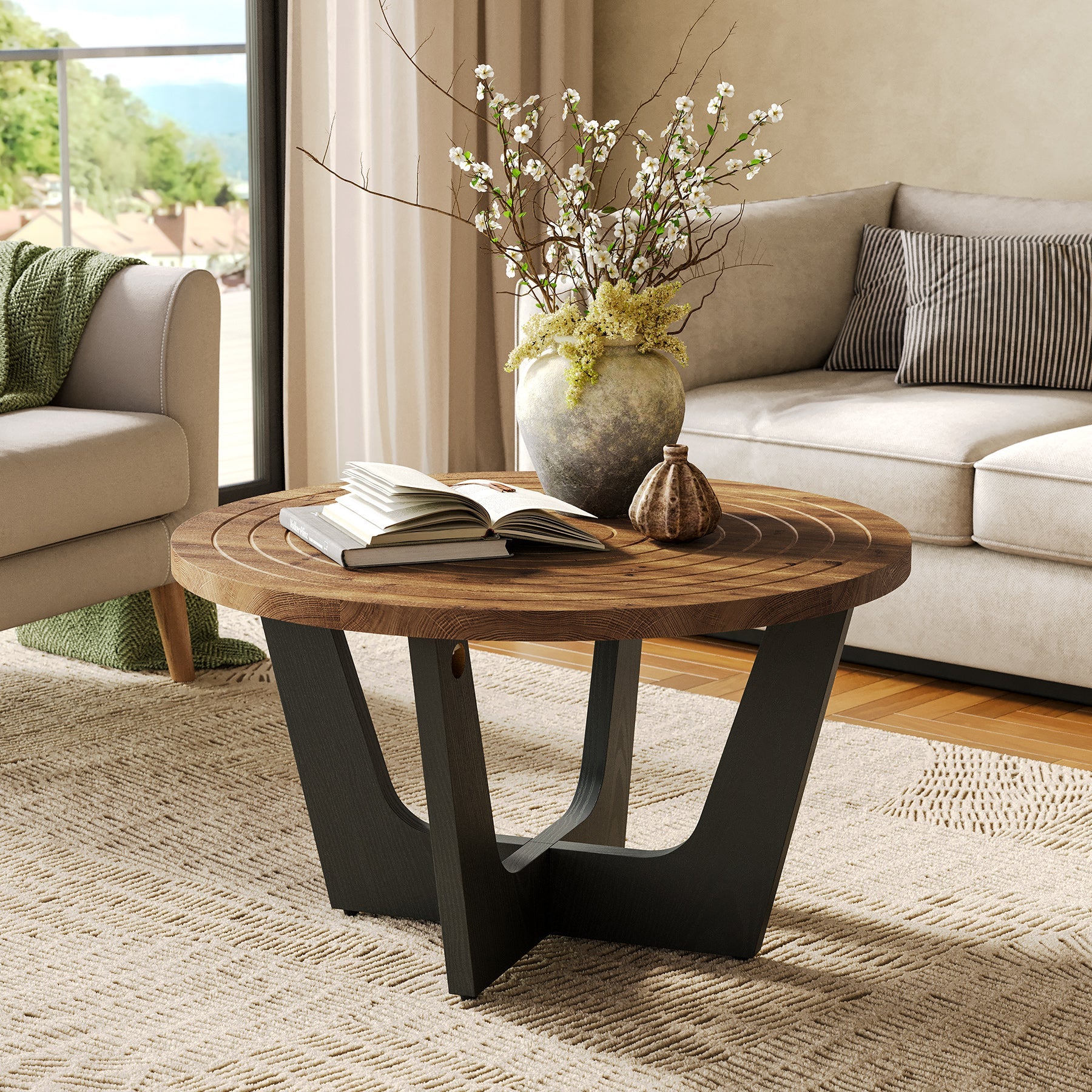 Round Solid Wood Coffee Table, 31.5" Center Tea Table with Ring Groove