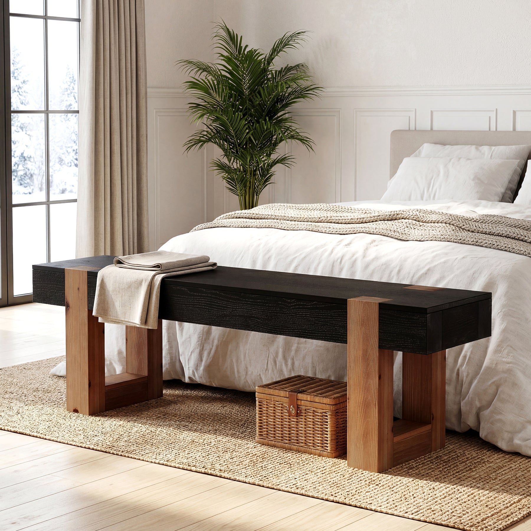 55" Solid Wood Dining Bench, Farmhouse Wooden Entryway Bench